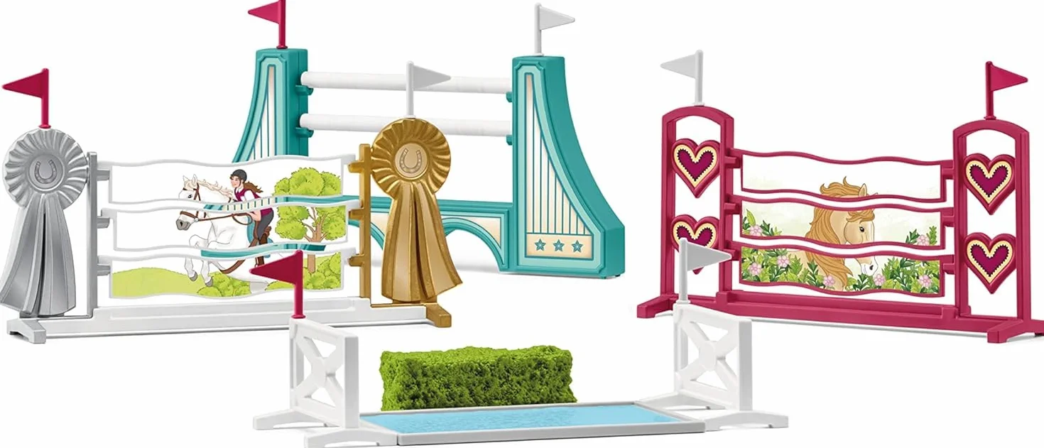 SCHLEICH HORSE CLUB, przeszkody – akcesoria 42612, możliwość modułowej rozbudowy, do zawodów lub treningu, prezent dla dziewczynek i chłopców, zabawka z końmi dla dzieci od 5 lat, zestaw 30 elementów