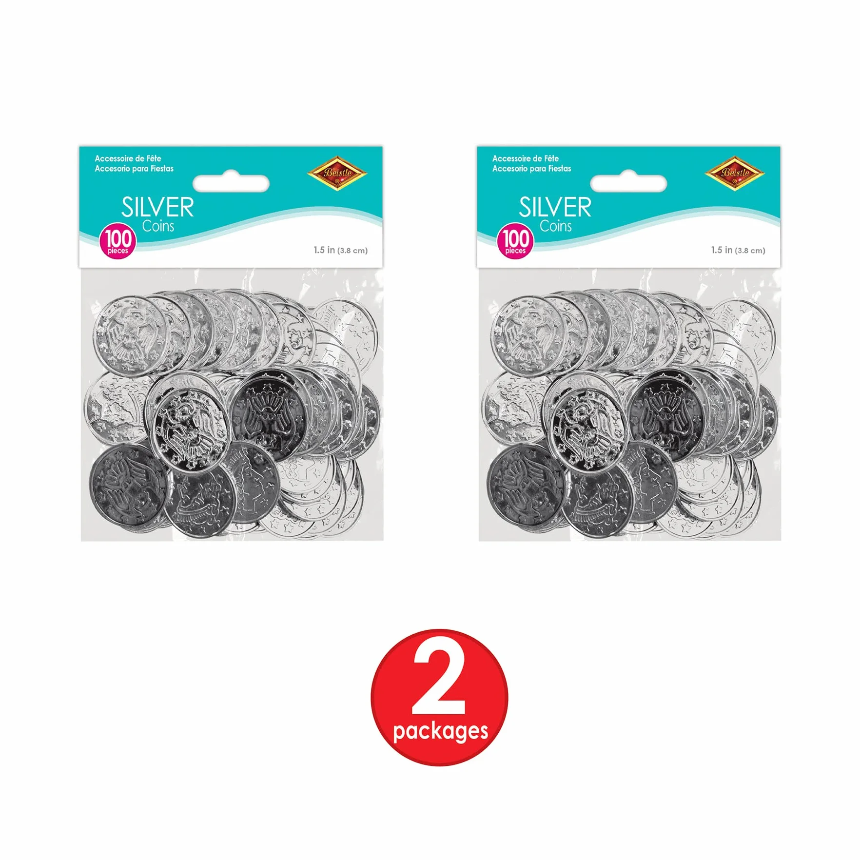Beistle Silver S50856-SAZ2 plastikowe monety 200 sztuk