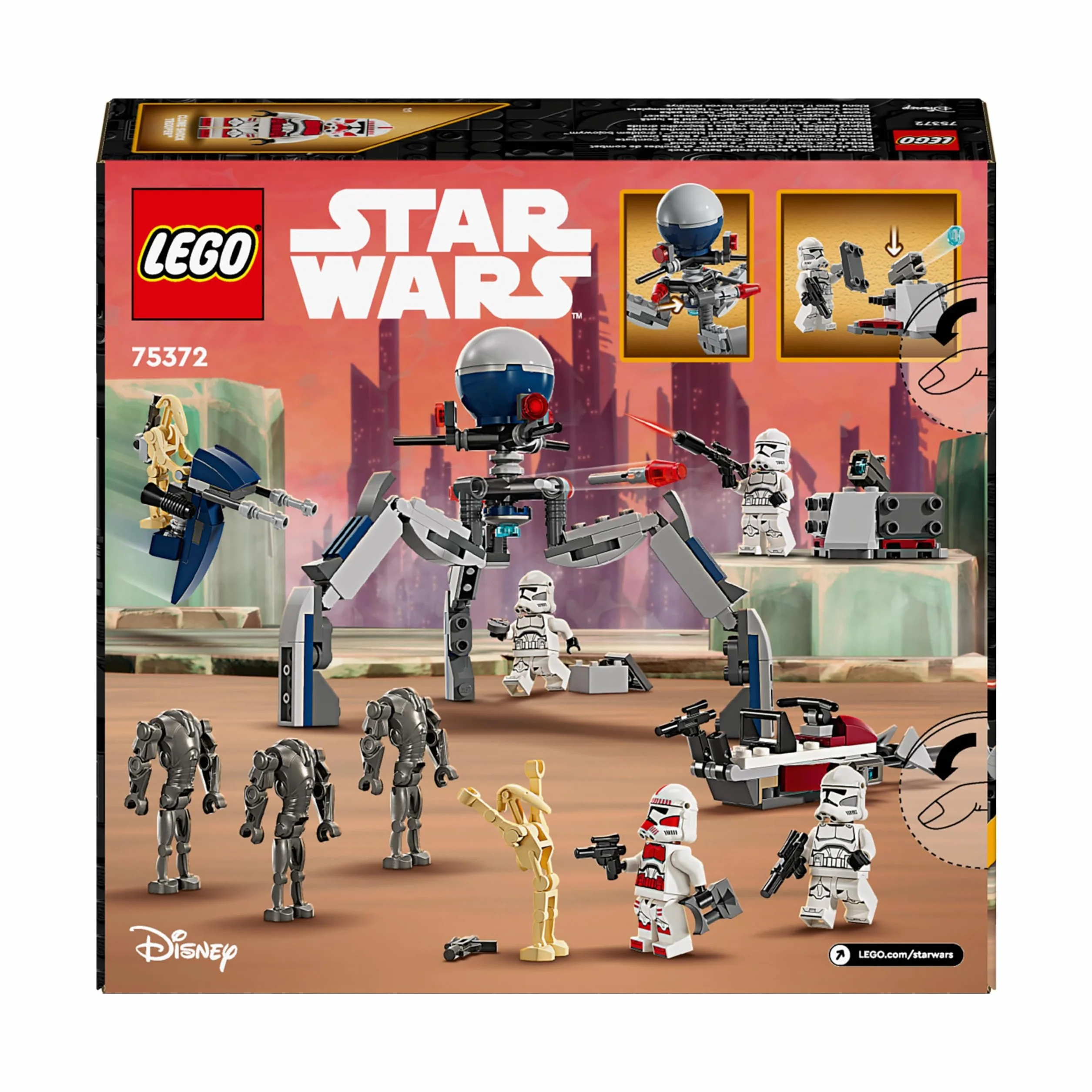 LEGO Star Wars Zestaw bitewny z żołnierzem armii klonów i droidem bojowym, Ścigacz i Tri-droid, Zabawka dla Dziecka i Fanów Gwiezdnych Wojen: Wojna Klonów, Prezent dla 7-latka, 75372