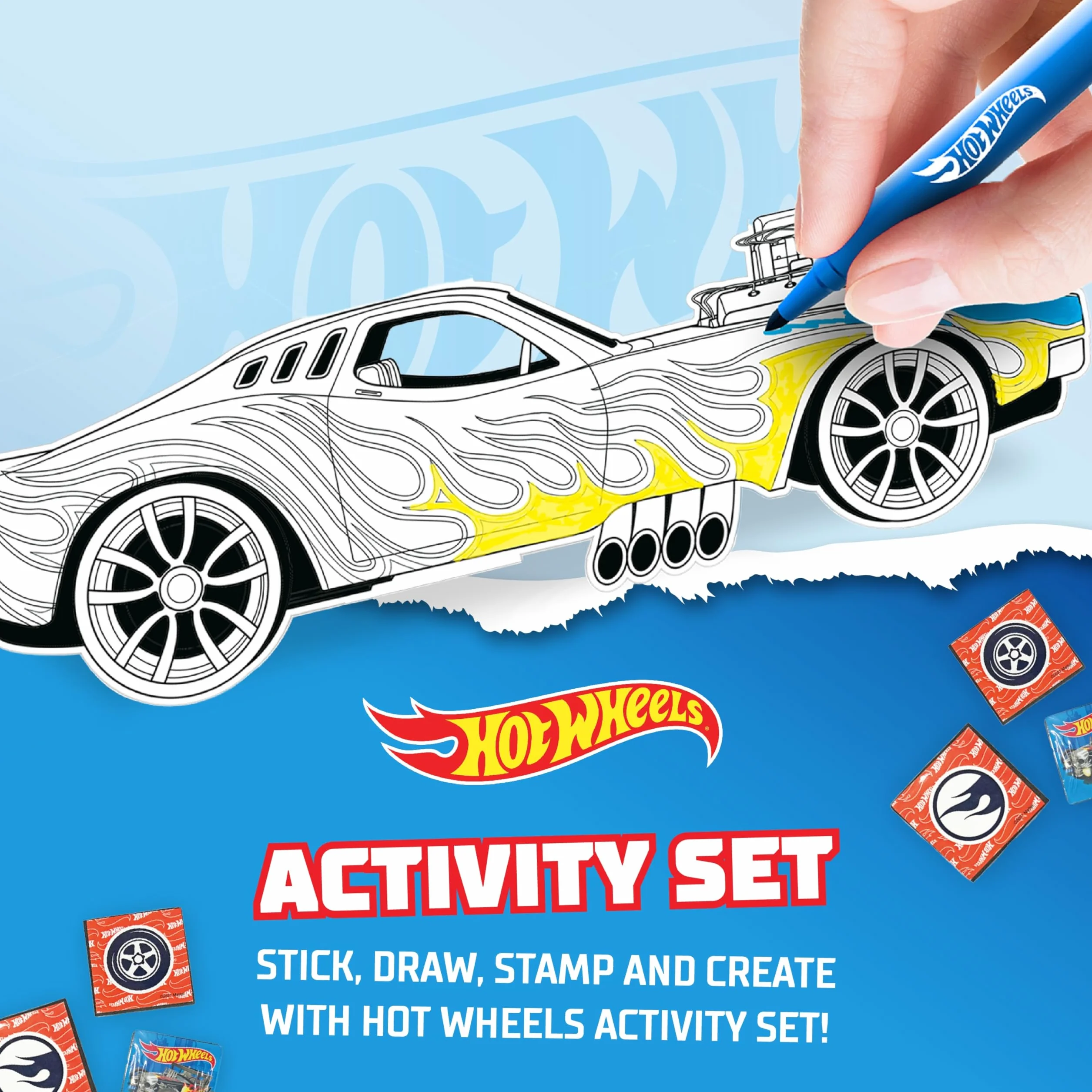 BLADEZ Hot Wheels zestaw aktywności, sztuka i rzemiosło, licencjonowany zestaw stacjonarny z długopisami i naklejkami, 150+ sztuk, kreatywny producent Kitz Toyz
