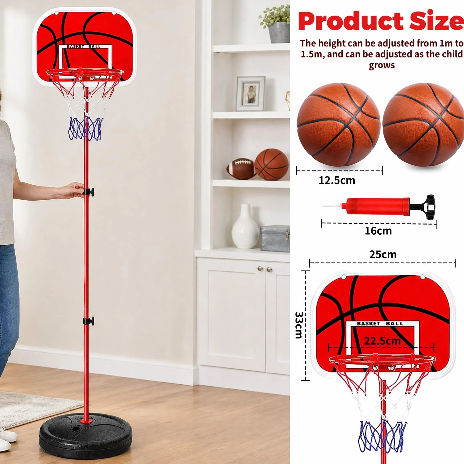 Dziecięcy kosz do koszykówki, stojak do koszykówki z regulacją wysokości 50-150 cm z 2 piłkami do koszykówki + pompką, mini kosz do koszykówki do użytku wewnątrz i na zewnątrz