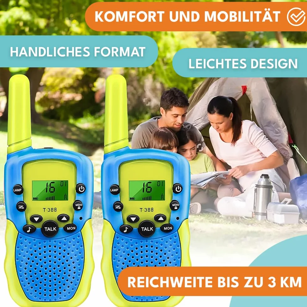 KRUMAD Walkie Talkie dla dzieci, zestaw 2 sztuk, zasięg do 3 km, 22 kanały, podświetlany ekran LCD, latarka LED, lekka i wytrzymała konstrukcja, idealne jako prezent dla chłopców i dziewczynek