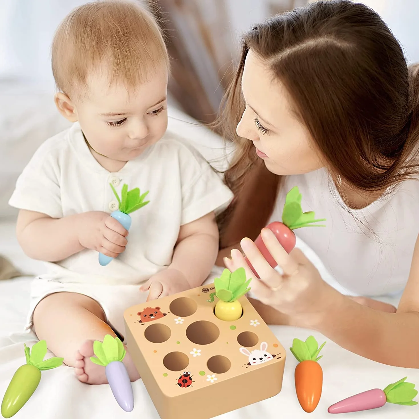 Drewniana zabawka od 1 roku życia | zabawka motoryczna dla dzieci w wieku 12-18 miesięcy dla chłopców i dziewczynek | Montessori gra sortowania, drewniane puzzle, marchewki, zabawka edukacyjna