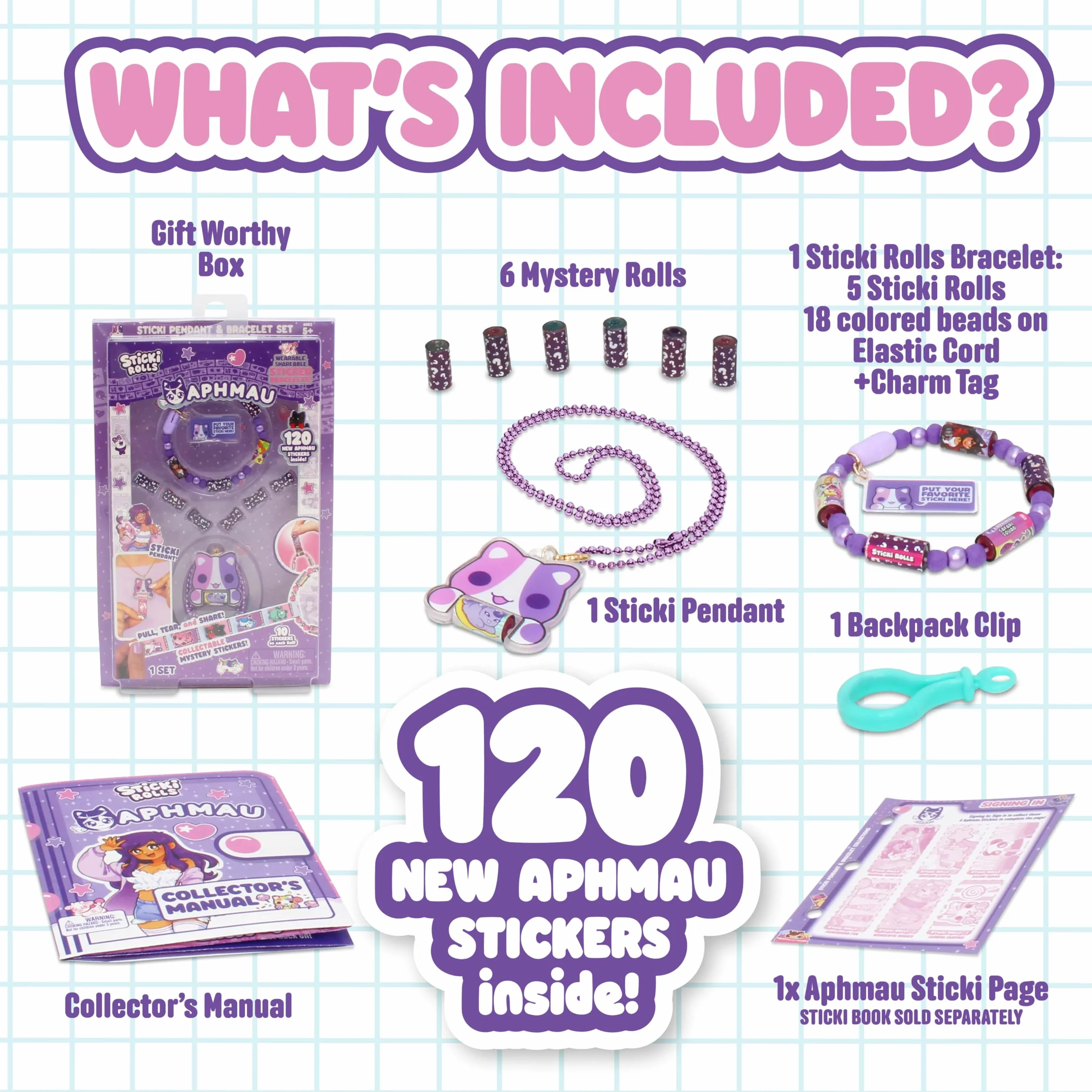 Sticki Rolls Zestaw wisiorków i bransoletek Aphmau, edycja limitowana, zawiera 120 naklejek, holograficzny wisiorek i bransoletkę Aphmau, kolekcjonerska zabawa kawaii!