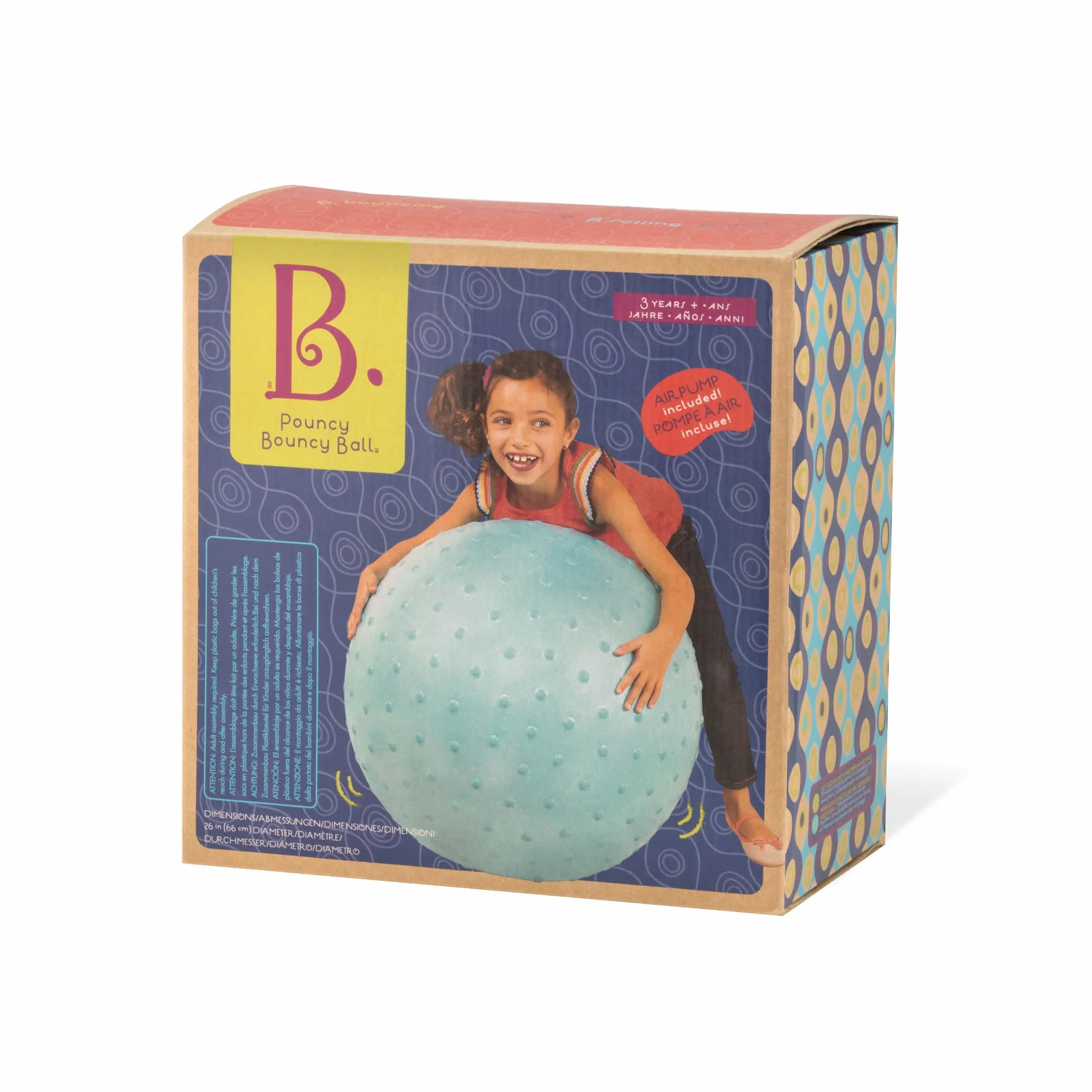 B. toys Duża piłka do skakania dla dzieci, 66 cm, niebieska piłka do skakania z wypustkami i pompką ręczną do zabawy, siedzenia i skakania – dla dziewcząt i chłopców od 3 lat