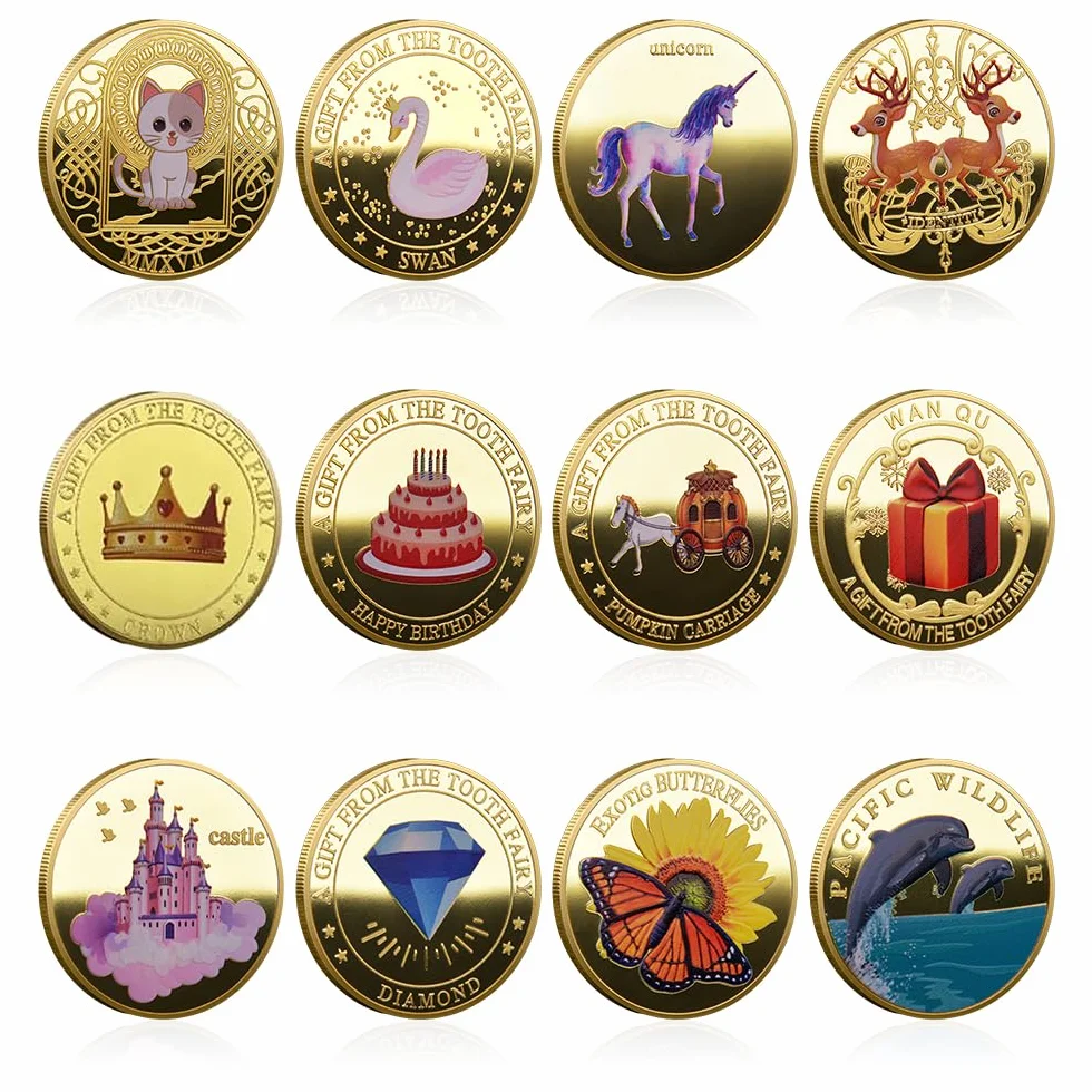 12 sztuk monet z wróżką zębową, monety Tooth Fairy z różnymi wzorami, pamiątki dla dzieci z zgubionymi zębami, prezenty dla chłopców i dziewczynek