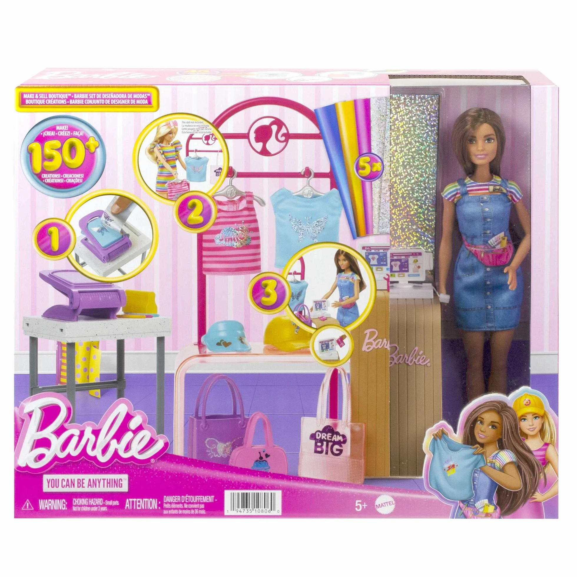 Barbie Projektantka mody Zestaw z lalką, stojakiem, przyrządem do tworzenia wzorów i akcesoriami, HKT78