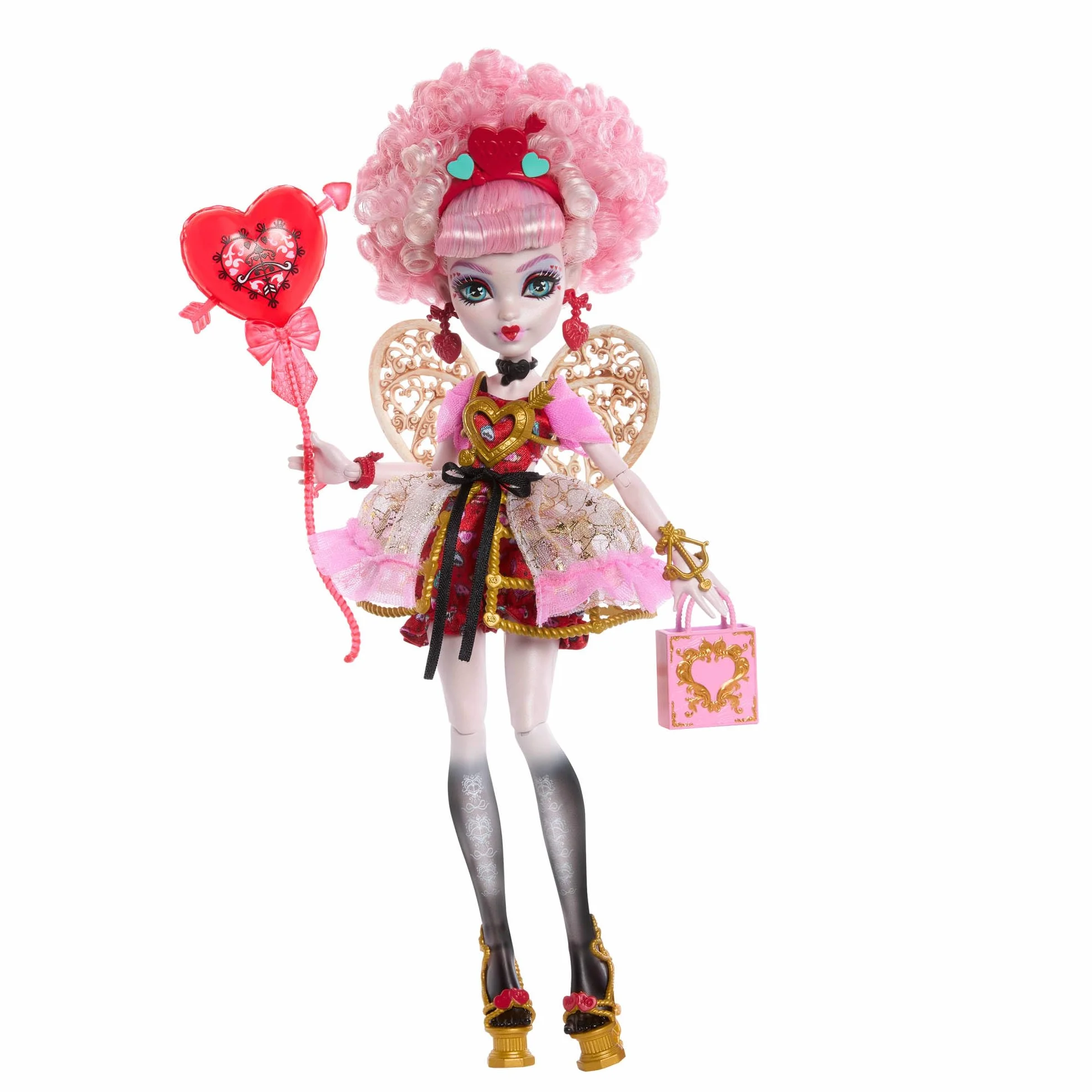 Monster High Straszysłodkie urodziny Cupid Asteria Lalka zabawka w różowo-czerwonej stylizacji z akcesoriami tematycznymi, w tym zaproszenie, „balon”, prezent i „cienie do powiek”, JBG77
