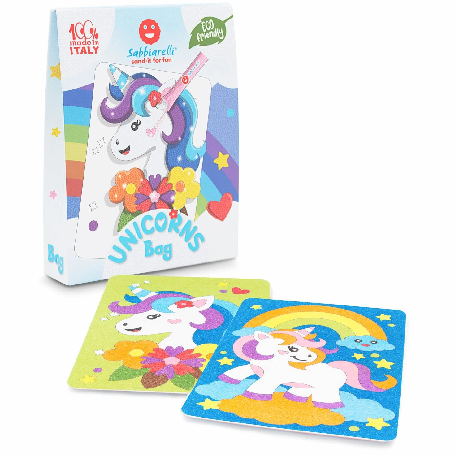 Sabbiarelli Sand-it For Fun – Bag Unicorns | Mini Kit Sand Art z Jednorożcami 100% Made in Italy z Kolorowym Piaskiem i Rysunkami Samoprzylepnymi | Prace Kreatywne dla Dzieci 5-12