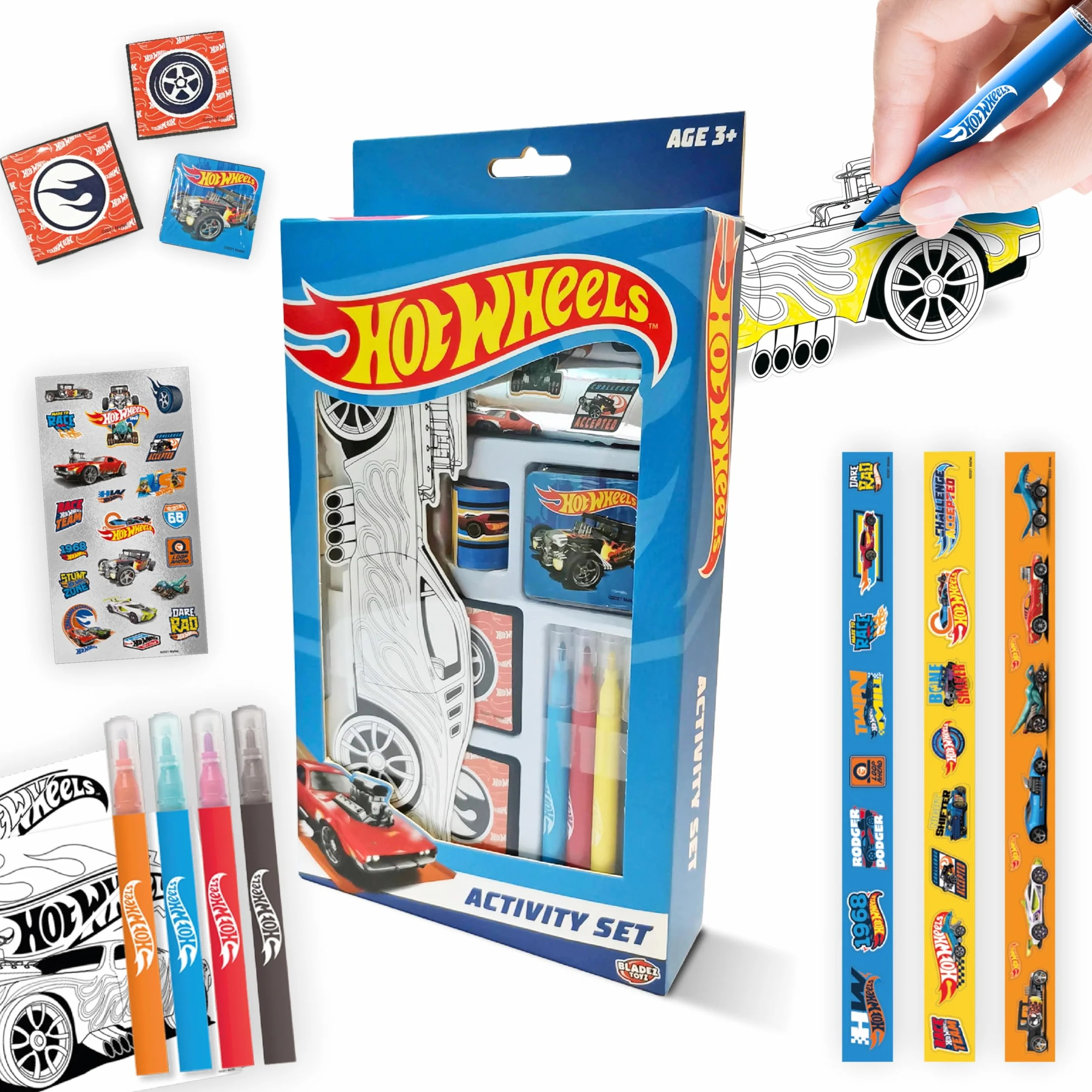 BLADEZ Hot Wheels zestaw aktywności, sztuka i rzemiosło, licencjonowany zestaw stacjonarny z długopisami i naklejkami, 150+ sztuk, kreatywny producent Kitz Toyz