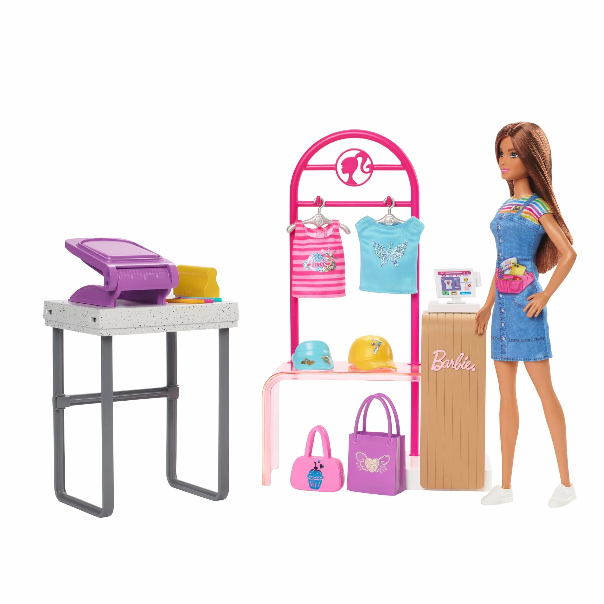 Barbie Projektantka mody Zestaw z lalką, stojakiem, przyrządem do tworzenia wzorów i akcesoriami, HKT78