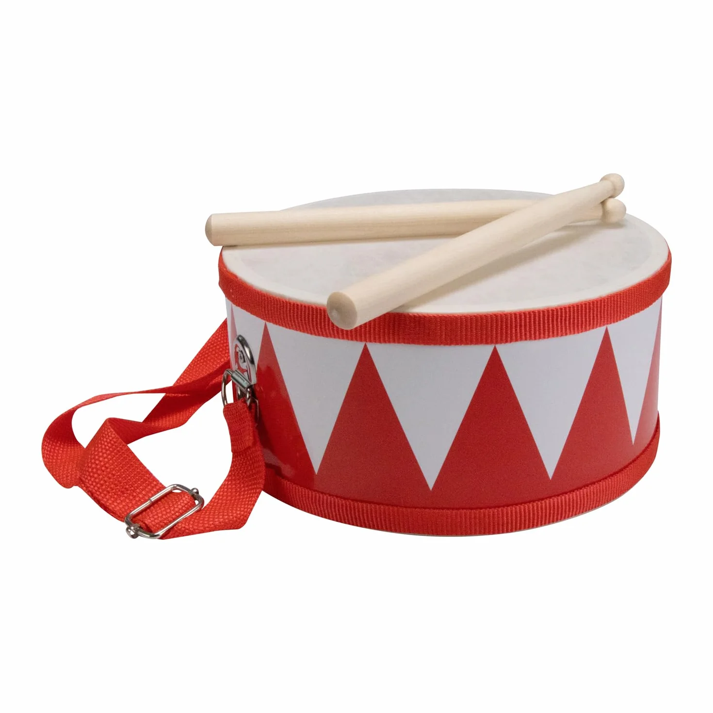 Czerwono-biały bęben dziecięcy - drewniany instrument muzyczny z paskiem na ramię i pałeczkami - D: 20 cm - 3845r