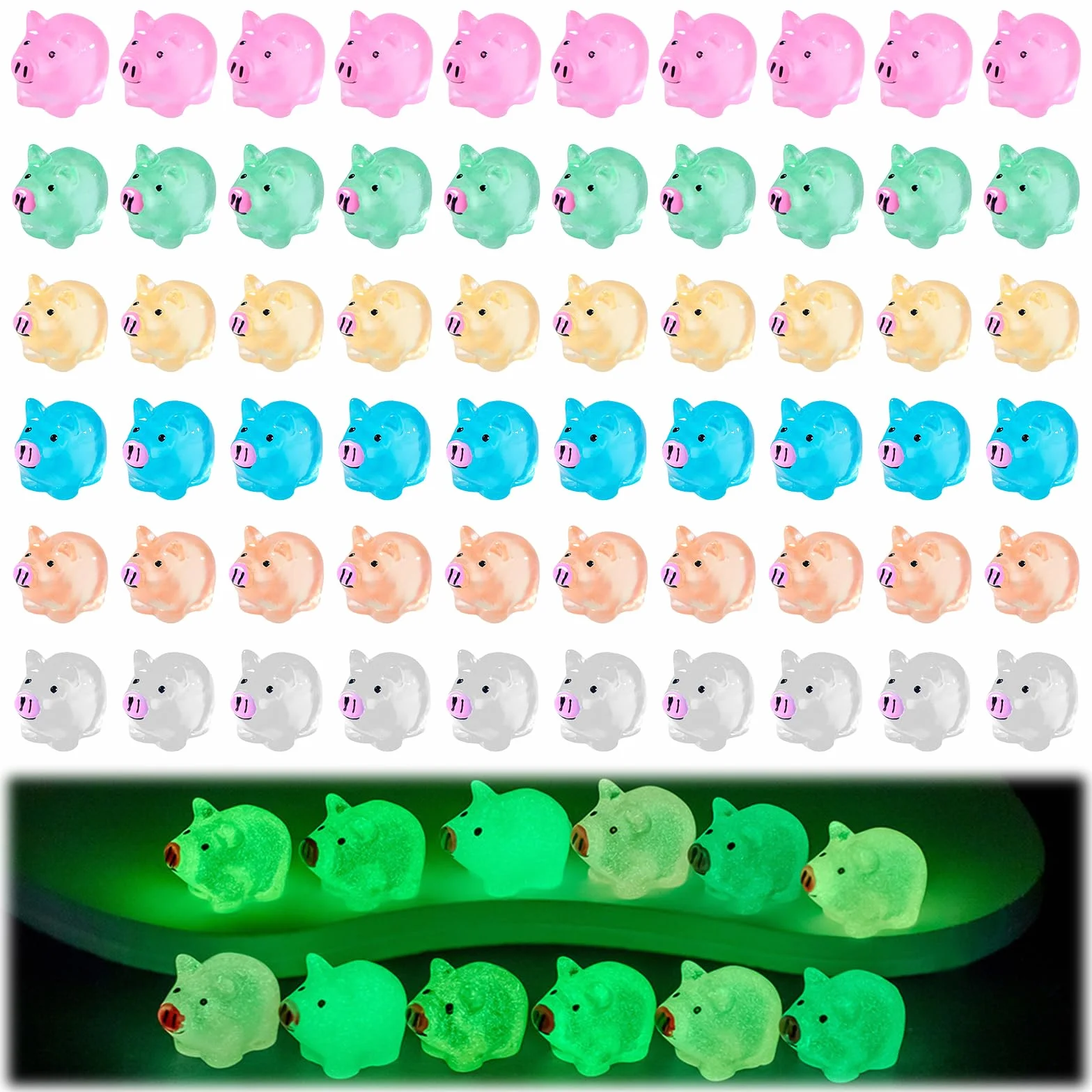60 sztuk małych mini świnek z żywicy, mini świecące świnki, śliczne miniaturowe figurki świnki, małe świecące w ciemności miniaturowe figurki świnki do miniaturowego krajobrazu, dekoracja