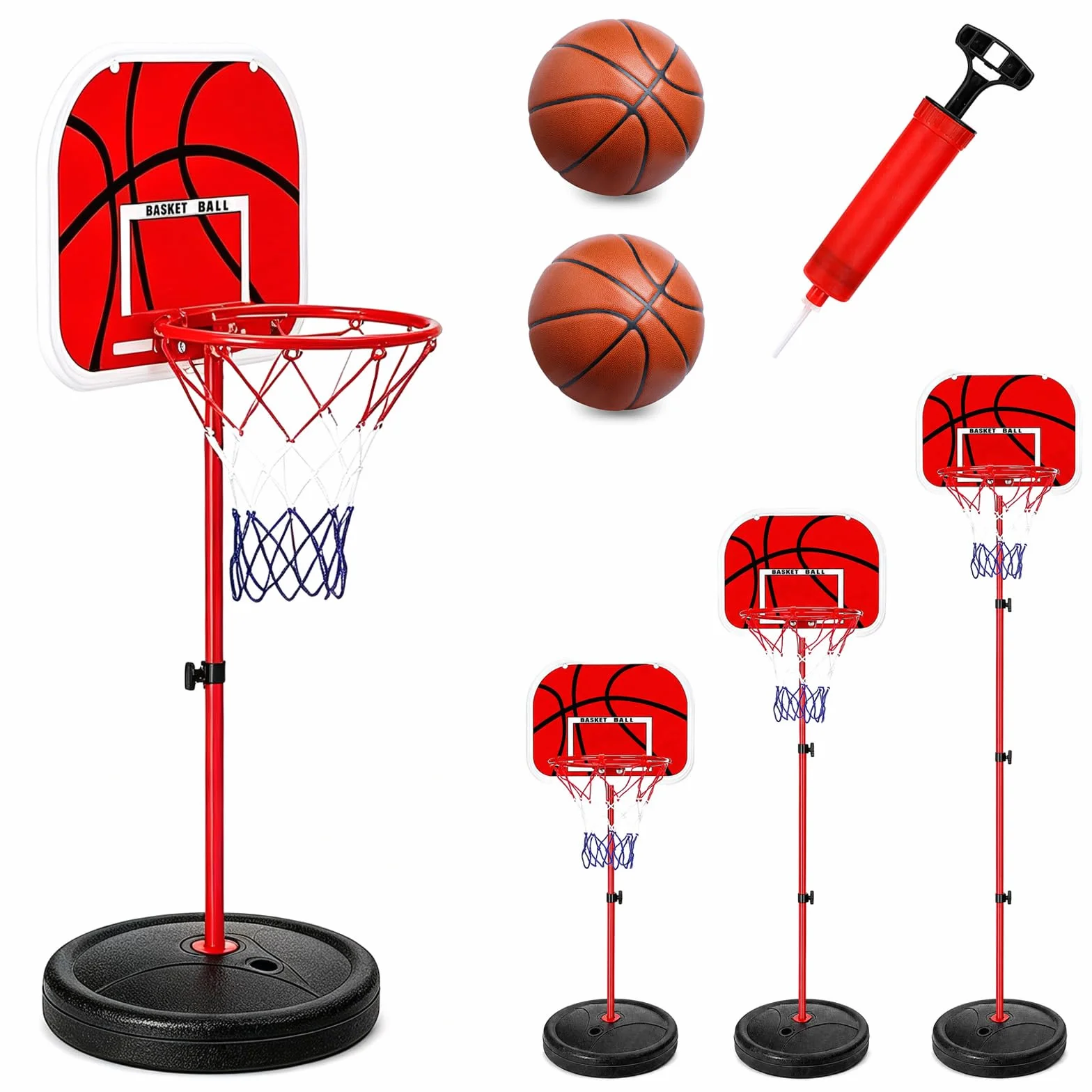 Dziecięcy kosz do koszykówki, stojak do koszykówki z regulacją wysokości 50-150 cm z 2 piłkami do koszykówki + pompką, mini kosz do koszykówki do użytku wewnątrz i na zewnątrz
