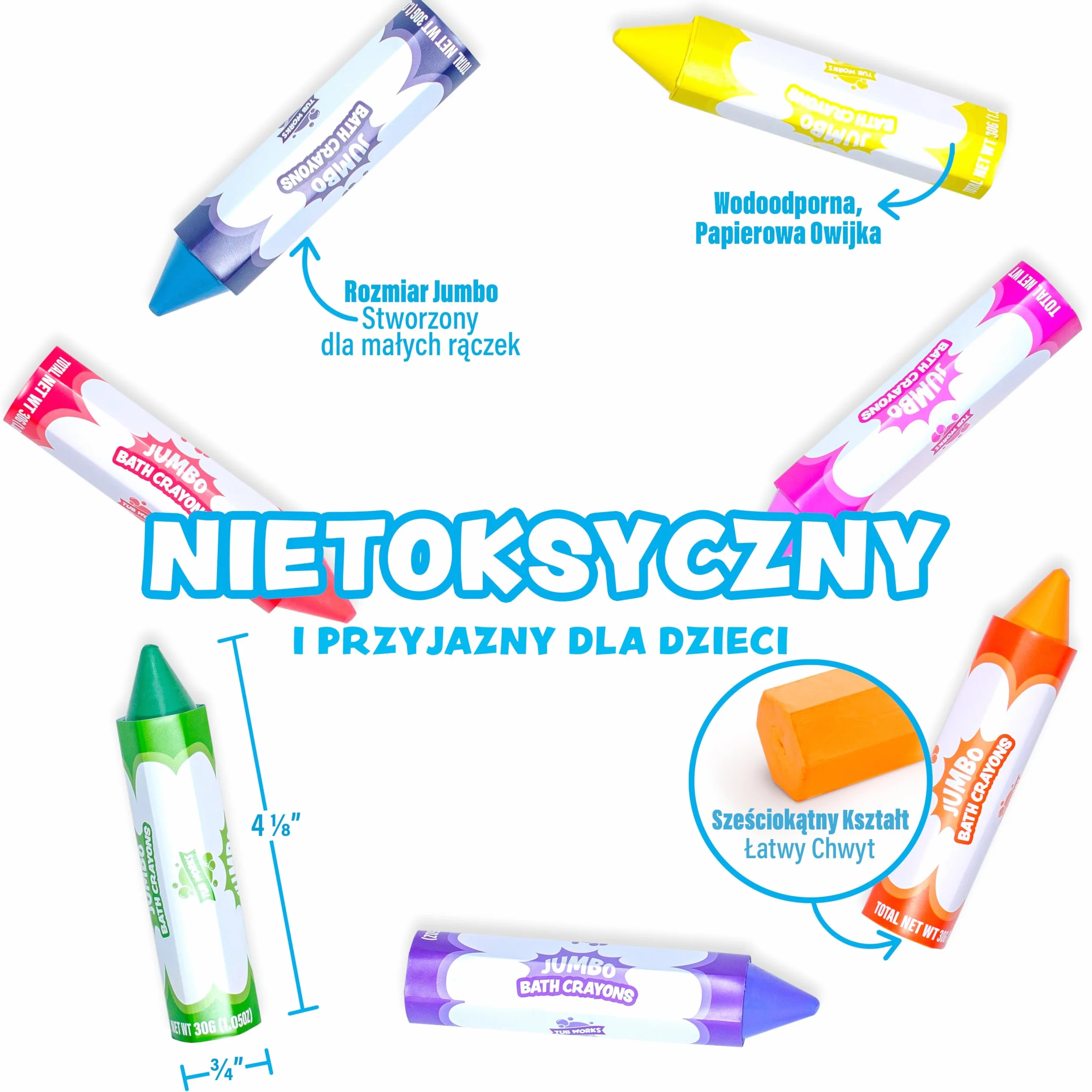 Tub Works Duże kredki do kąpieli, zabawka do kąpieli z | Nietoksyczne i zmywalne kredki do kąpieli dla dzieci | Rysuj na mokrych i suchych ścianach wanny | Duże i łatwe do uchwycenia