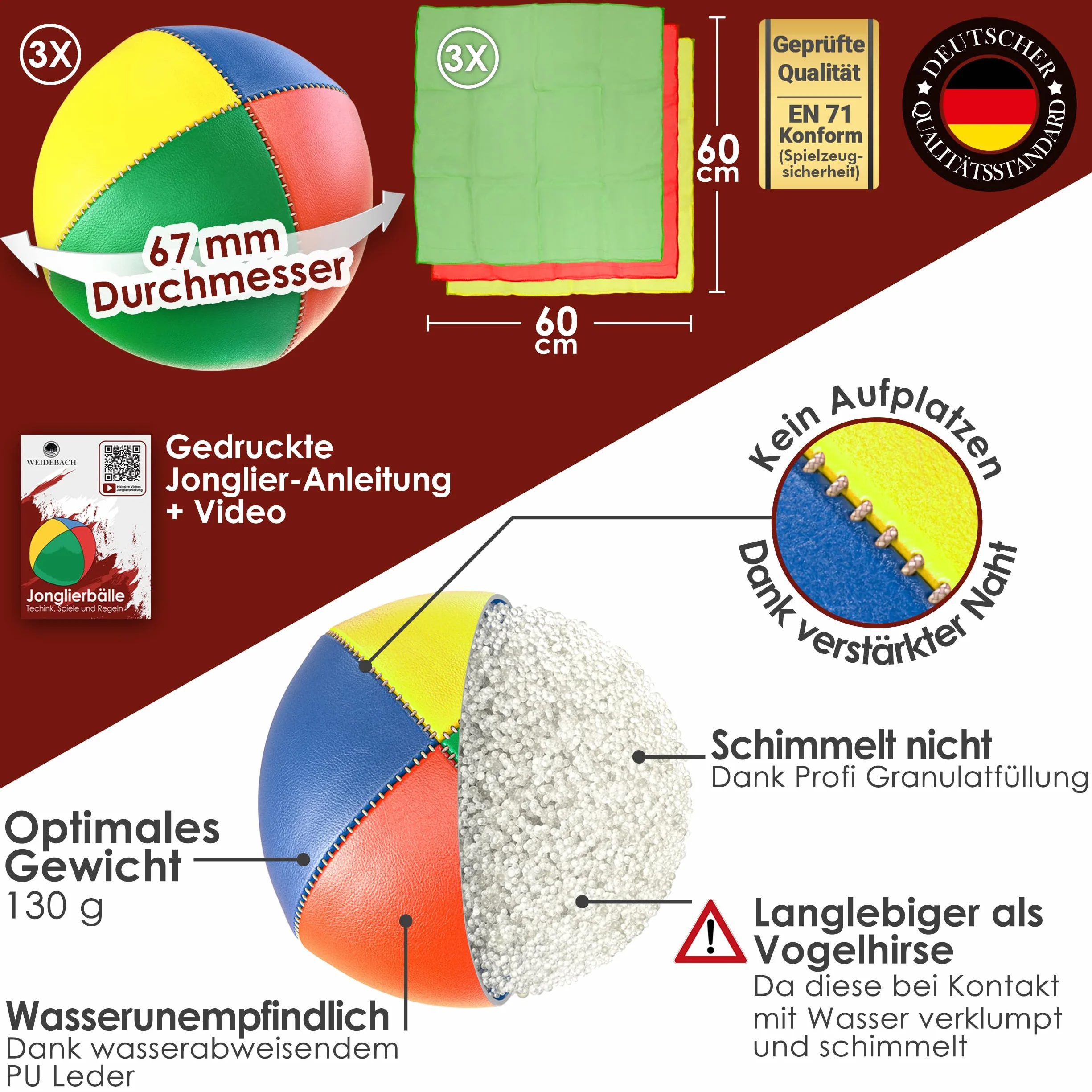 Weidebach® Wysokiej jakości piłki do żonglerki + chusty