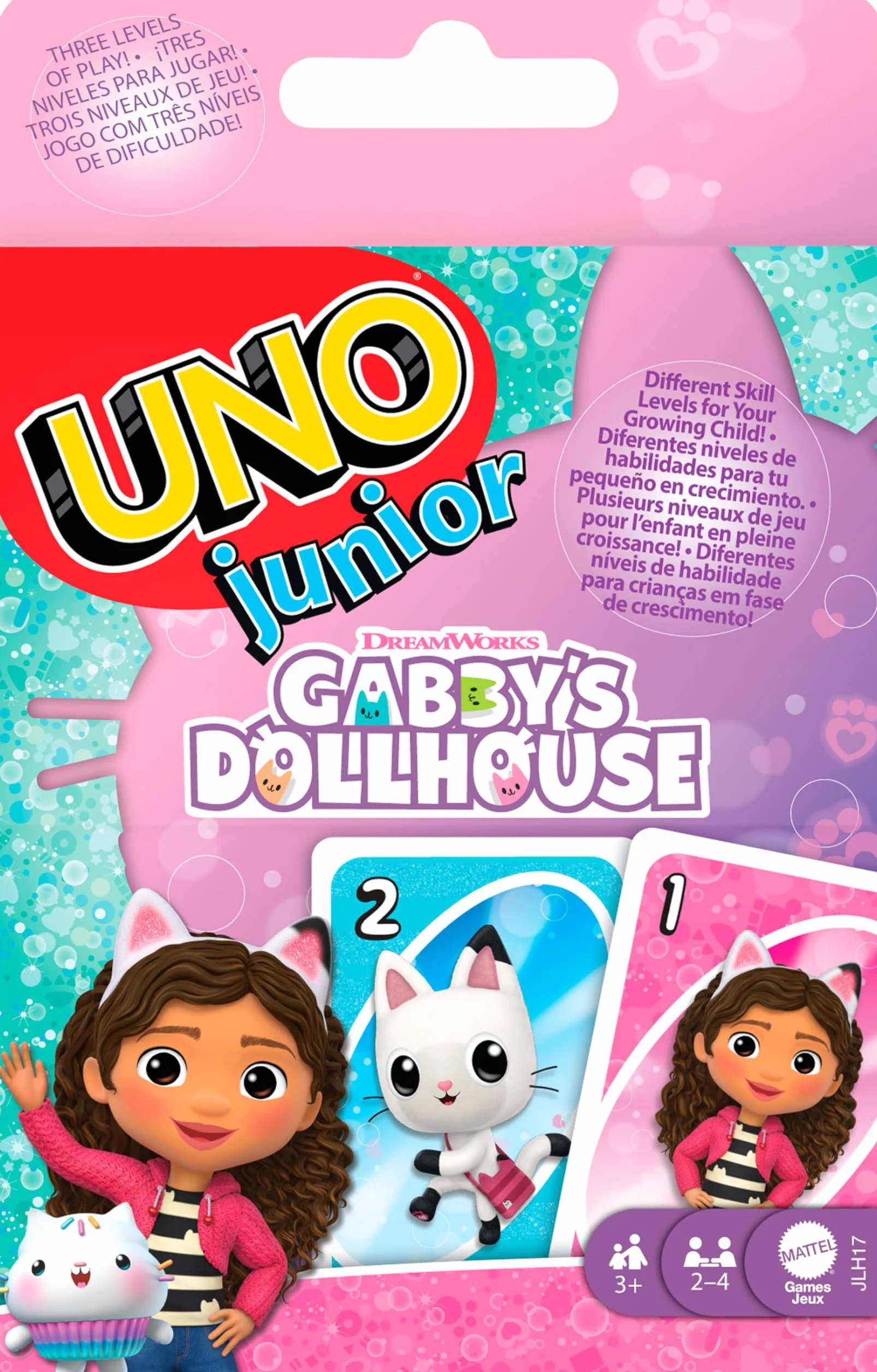 UNO Junior Koci Domek Gabi Gra karciana dla dzieci 3+ na imprezy dziecięce, rodzinne wieczory gier, na wakacjach i w podróży, karty inspirowane serialem, JLH17