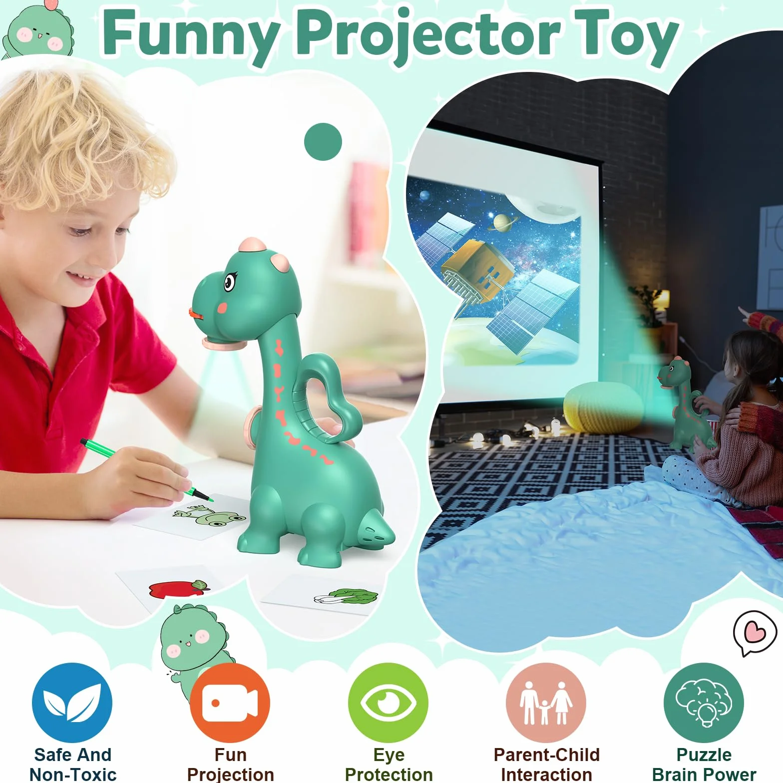 KETIEE Projektor rysunkowy dla dzieci, chłopców, dziewczynek, zabawka, projekcja i rysowanie, projektor 2 w 1, z 96 wzorami dinozaurów, prezenty dla 3, 4, 5, 6, 7 lat, magiczna tablica (zielony)