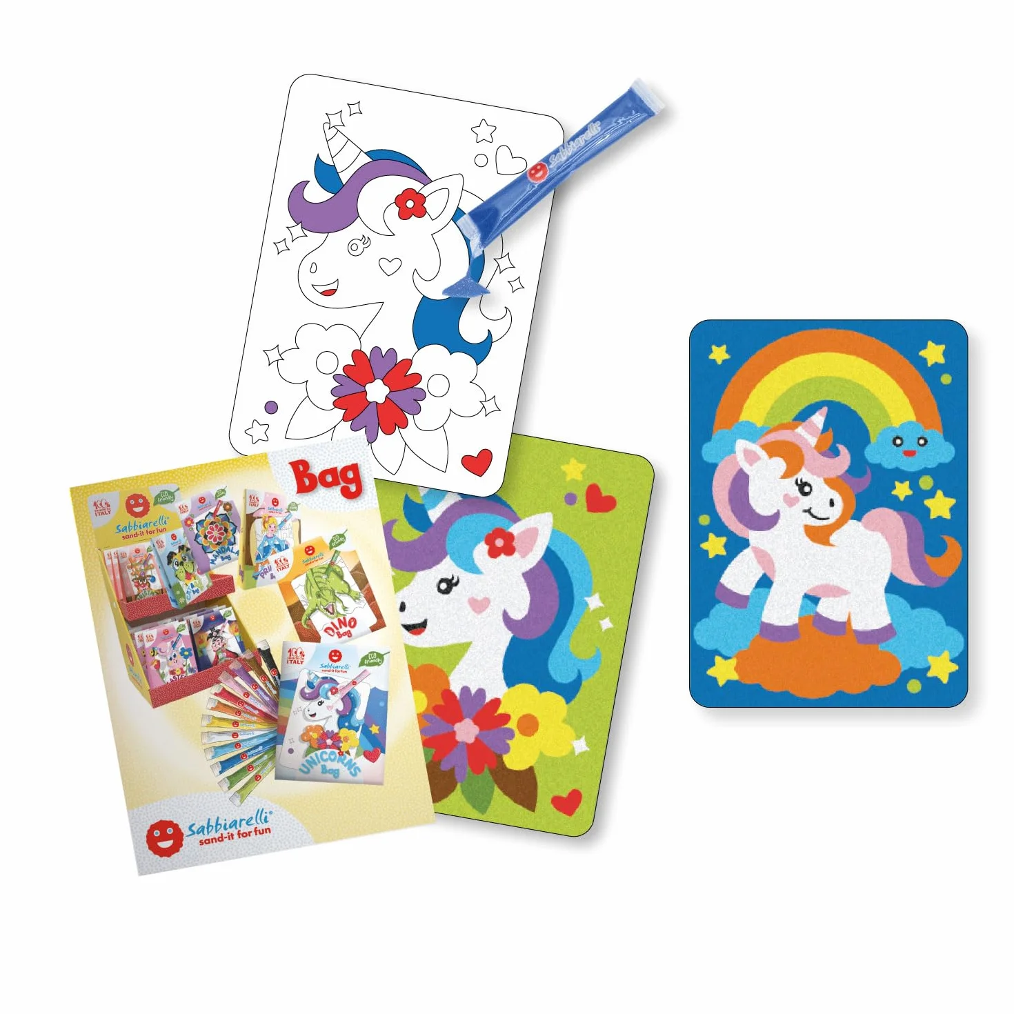 Sabbiarelli Sand-it For Fun – Bag Unicorns | Mini Kit Sand Art z Jednorożcami 100% Made in Italy z Kolorowym Piaskiem i Rysunkami Samoprzylepnymi | Prace Kreatywne dla Dzieci 5-12