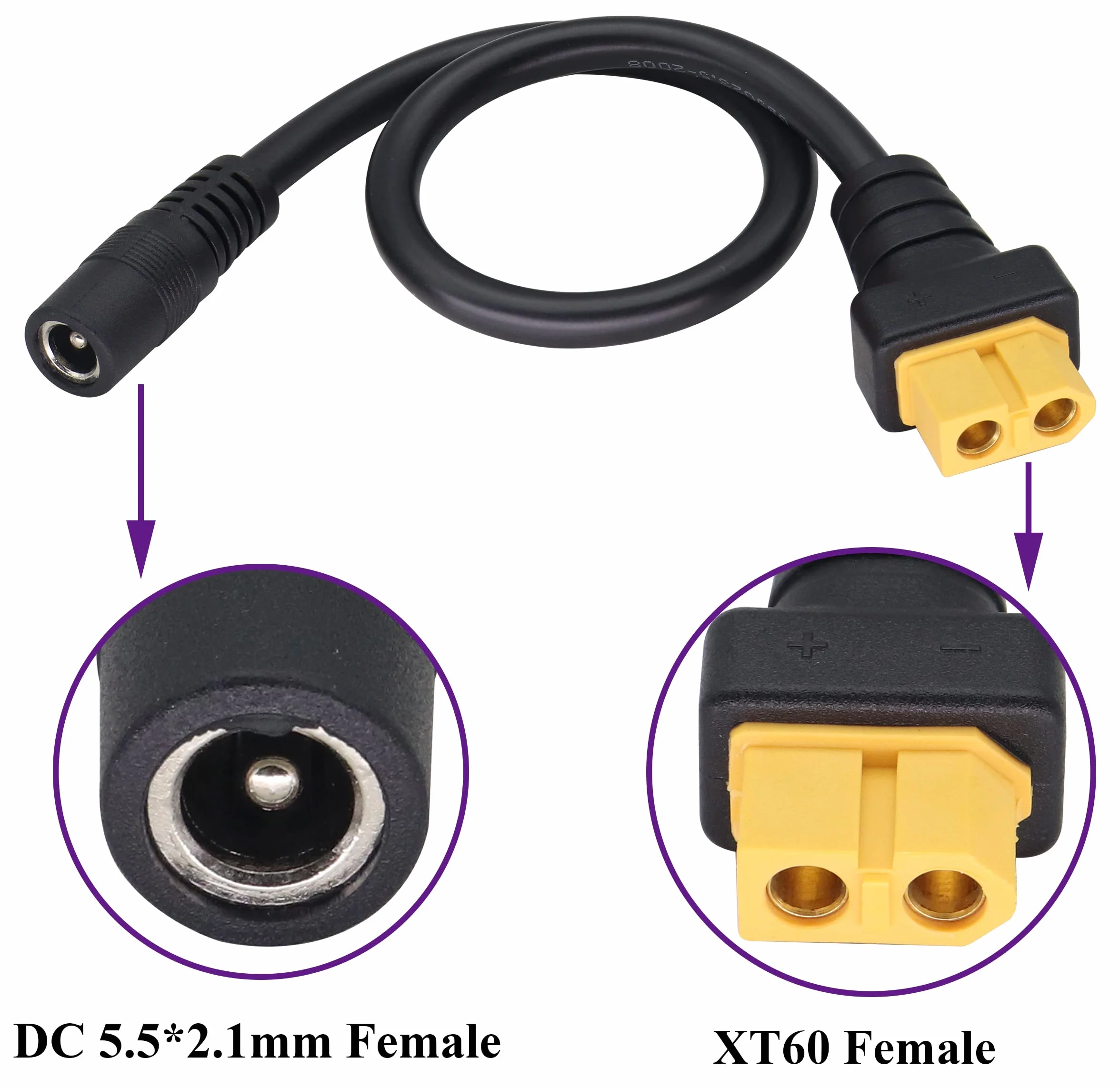 DC5,5 x 2,1 mm na XT60 kabel do ładowania XT60 żeński na DC5,5 x 2,1 mm żeński kabel adaptera do lutownicy TS100, zasilacz do monitora FPV, kabel zasilający dron (DC 2,1 mm-F/30 cm-2 sztuki)