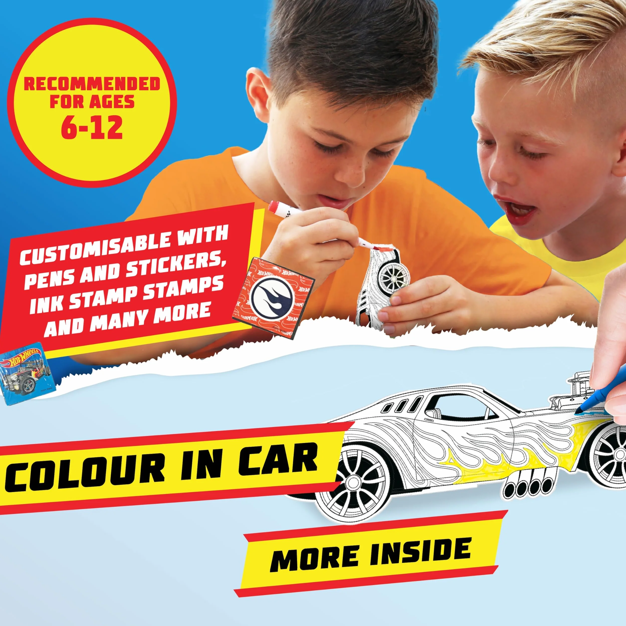 BLADEZ Hot Wheels zestaw aktywności, sztuka i rzemiosło, licencjonowany zestaw stacjonarny z długopisami i naklejkami, 150+ sztuk, kreatywny producent Kitz Toyz