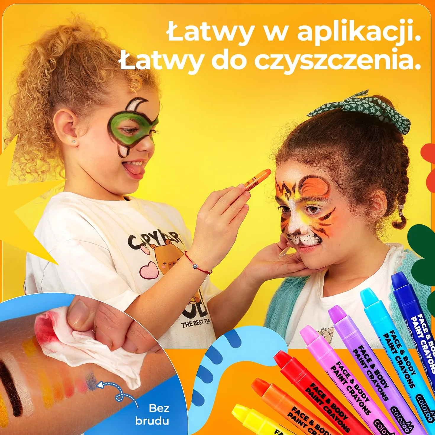 Zestaw kredek do makijażu Colozoo 20 kolorów dla dzieci | Makijaż twarzy z pędzlami i szablonami | Malowanie twarzy, brzuszka, kredki na karnawał, malowanie twarzy
