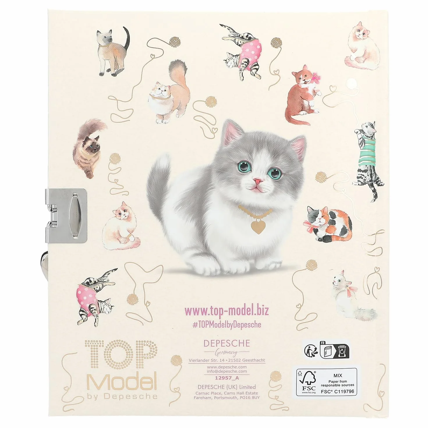 Depesche 12957 TOPModel Kitty and Doggy - Pamiętnik w kolorze beżowym, z motywem modelki i kota, książka ze 192 stronami w linie i zamkiem