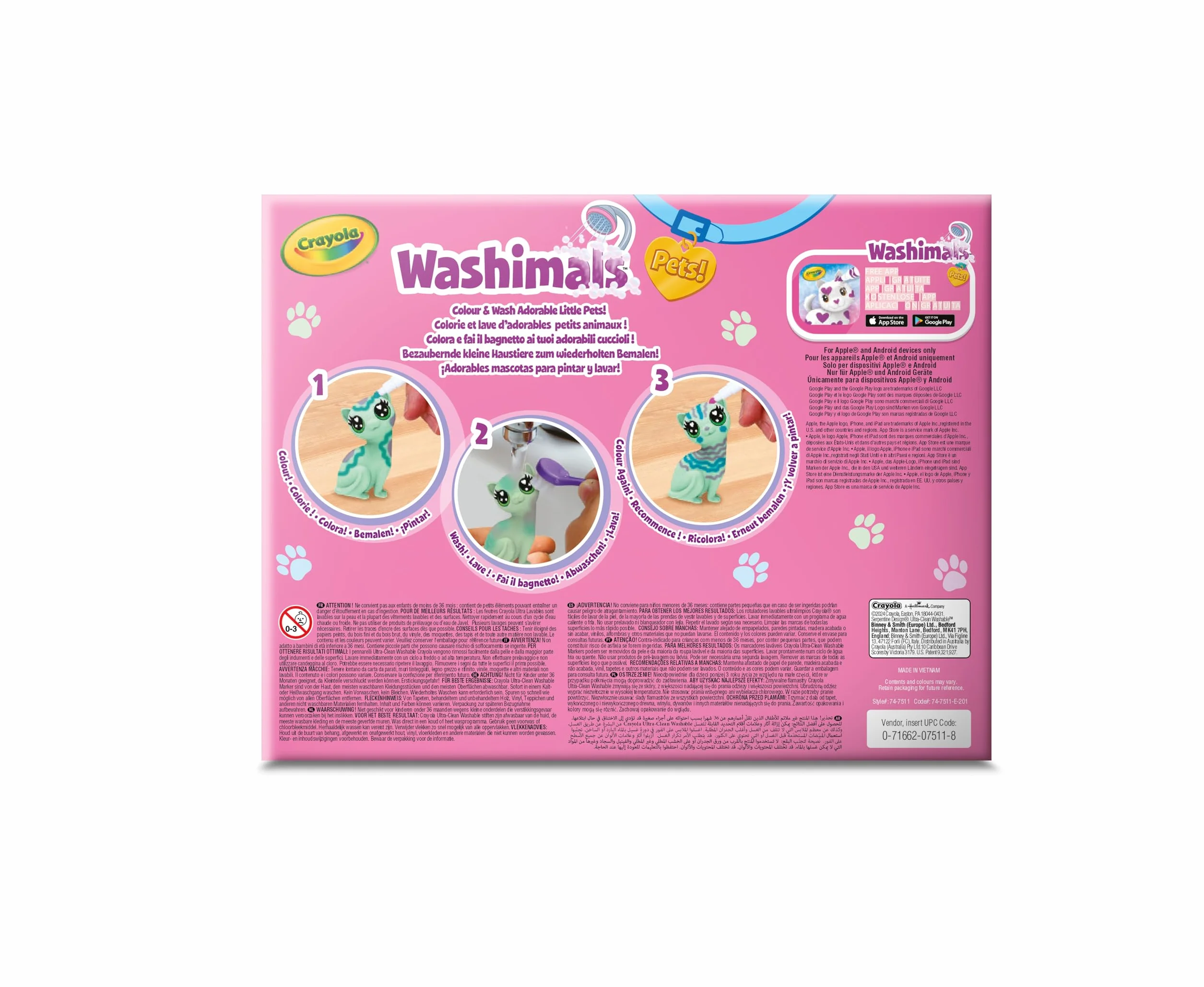 CRAYOLA Washimals Pastel Pets zestaw do napełniania z 3 szczeniakami, 3 zmywalne markery i szczoteczka, zabawka i prezent dla dzieci, od 3 lat, 74-7511