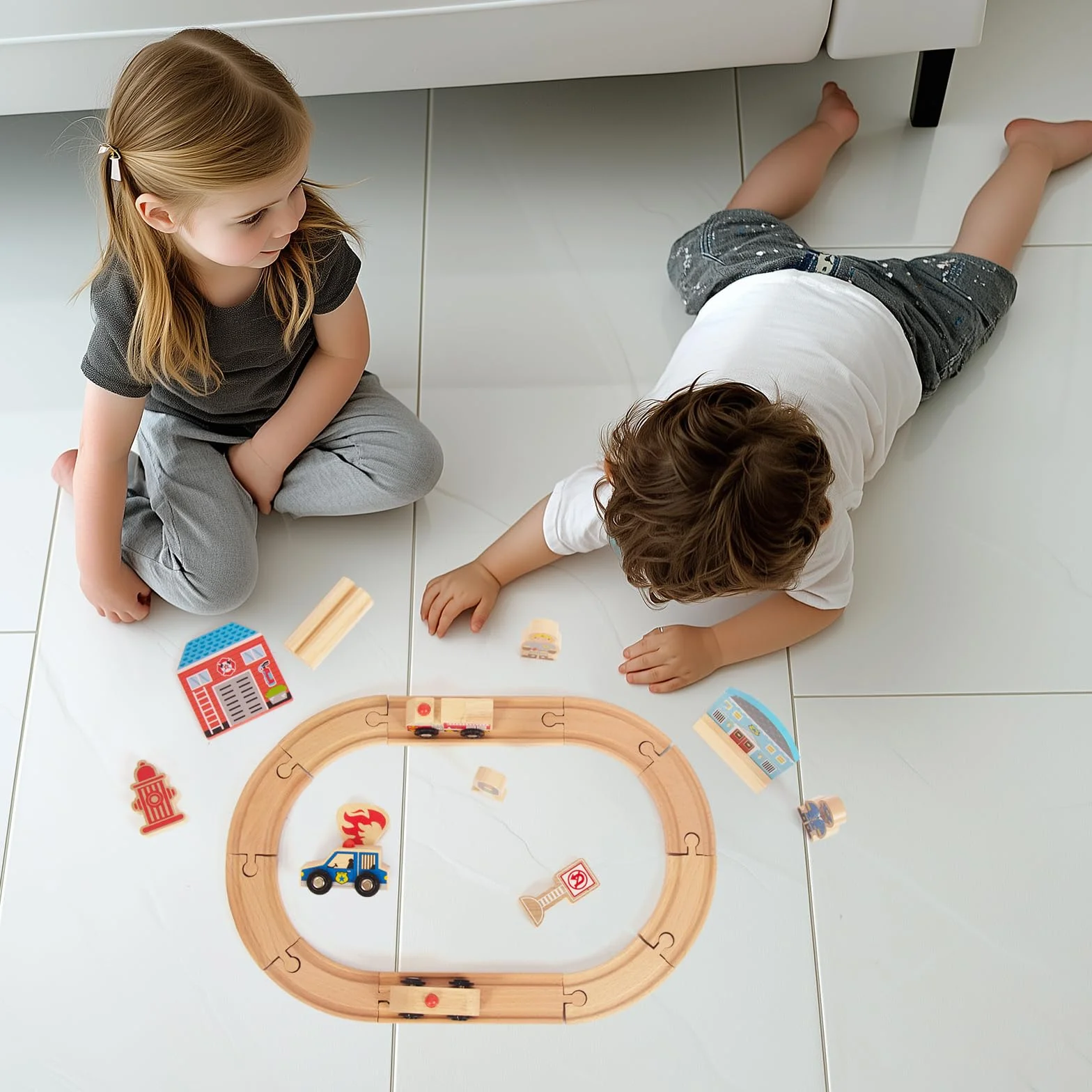 WoodenFun Zestaw drewnianych wózków na szynę, rolnictwo, zdrowie miejskie, zabawka dla dzieci, na 3, 4, 5 lat (policja)