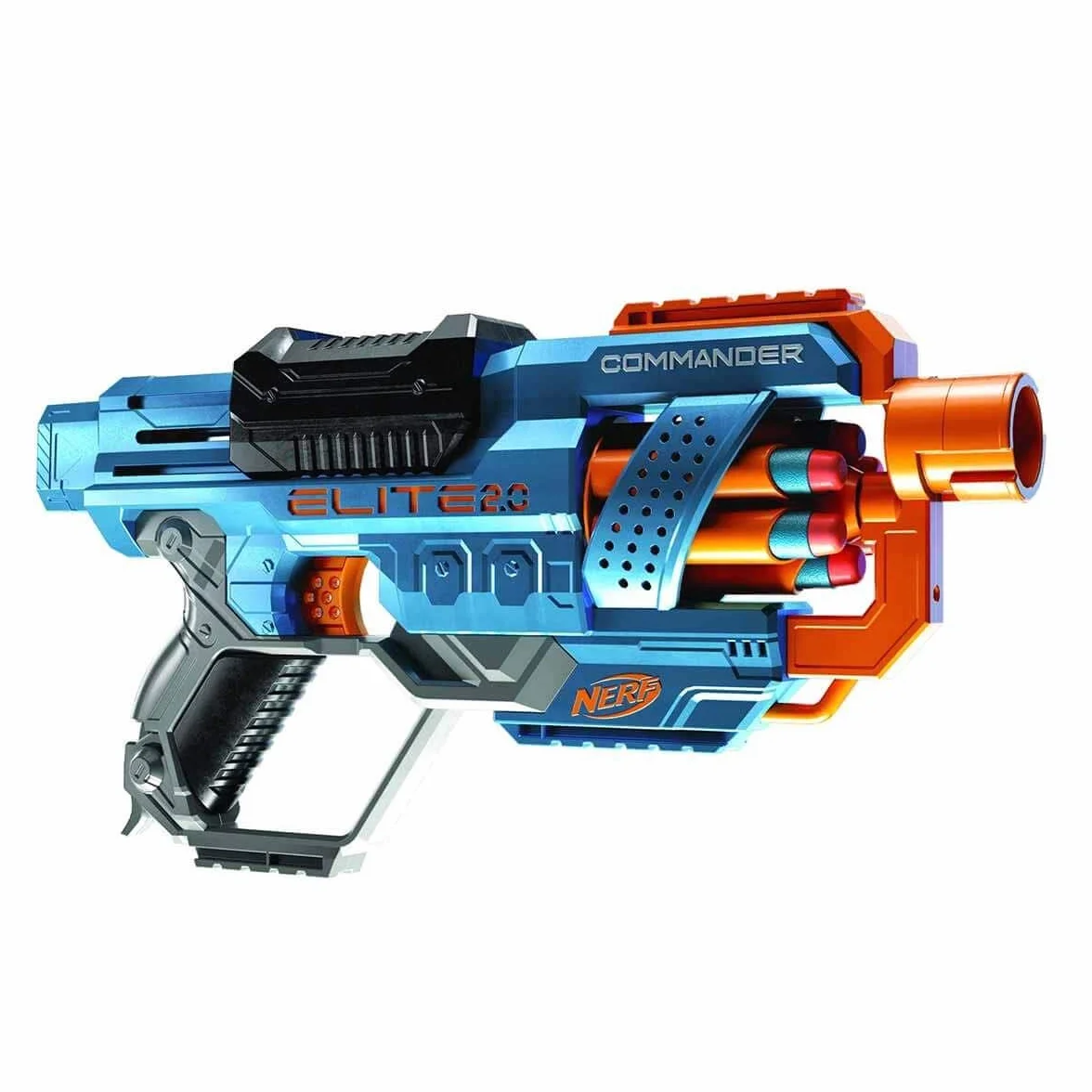 Wyrzutnia Nerf Elite 2.0 Commander RD-6, 12 oryginalnych strzałek Nerf, 6-strzałkowy magazynek obrotowy, szyny na akcesoria, miejsca mocowania lufy i kolby.