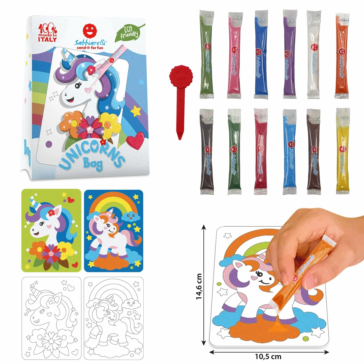 Sabbiarelli Sand-it For Fun – Bag Unicorns | Mini Kit Sand Art z Jednorożcami 100% Made in Italy z Kolorowym Piaskiem i Rysunkami Samoprzylepnymi | Prace Kreatywne dla Dzieci 5-12