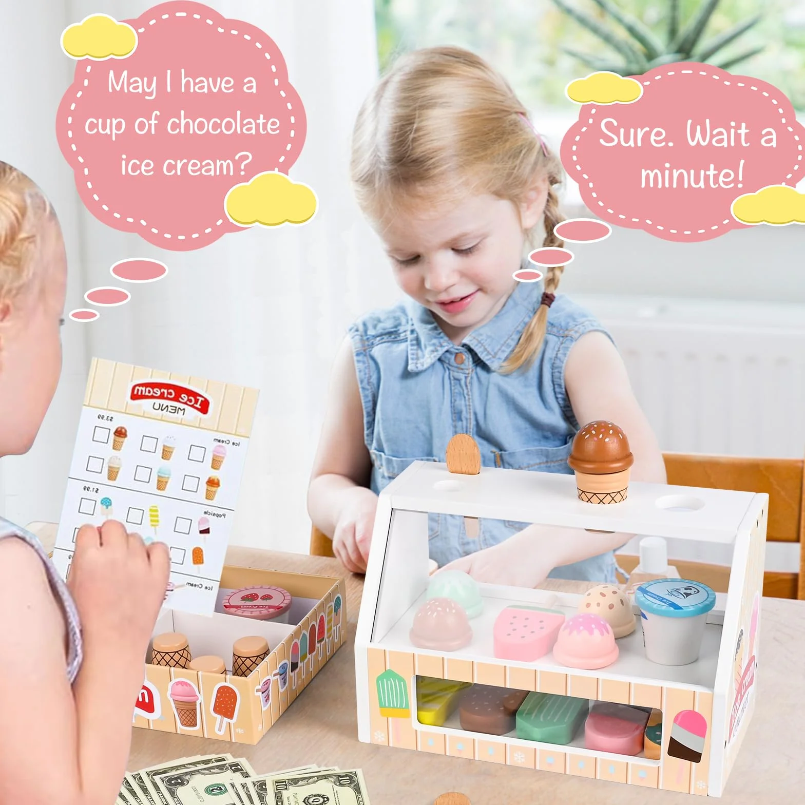 Euakee Lodziarnia Drewniana, Akcesoria Kuchenne dla Dzieci, Sklep Handlowy, Zabawka Montessori, Prezent dla Chłopców i Dziewczynek