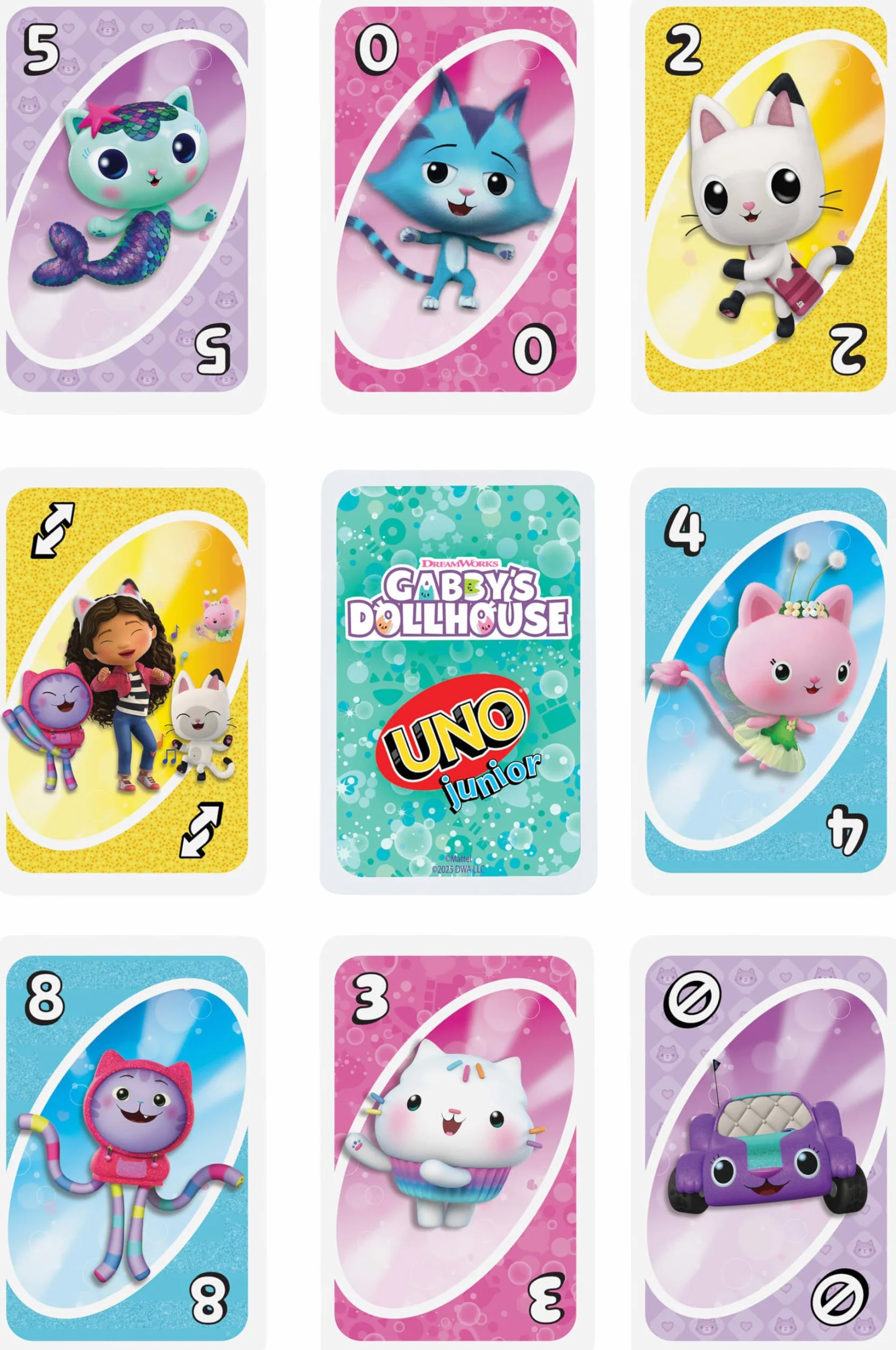 UNO Junior Koci Domek Gabi Gra karciana dla dzieci 3+ na imprezy dziecięce, rodzinne wieczory gier, na wakacjach i w podróży, karty inspirowane serialem, JLH17