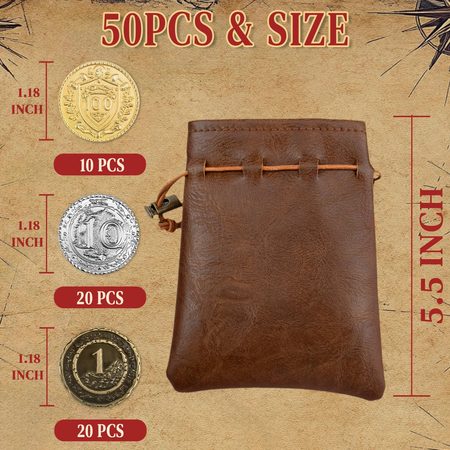 Byhoo 50 metalowych monet DND, 3 cm złote srebrne miedziane żetony o nominale do gier planszowych i RPG stołowych, fantastyczne metalowe monety na piracką grę, imprezę, cosplay, 50 szt