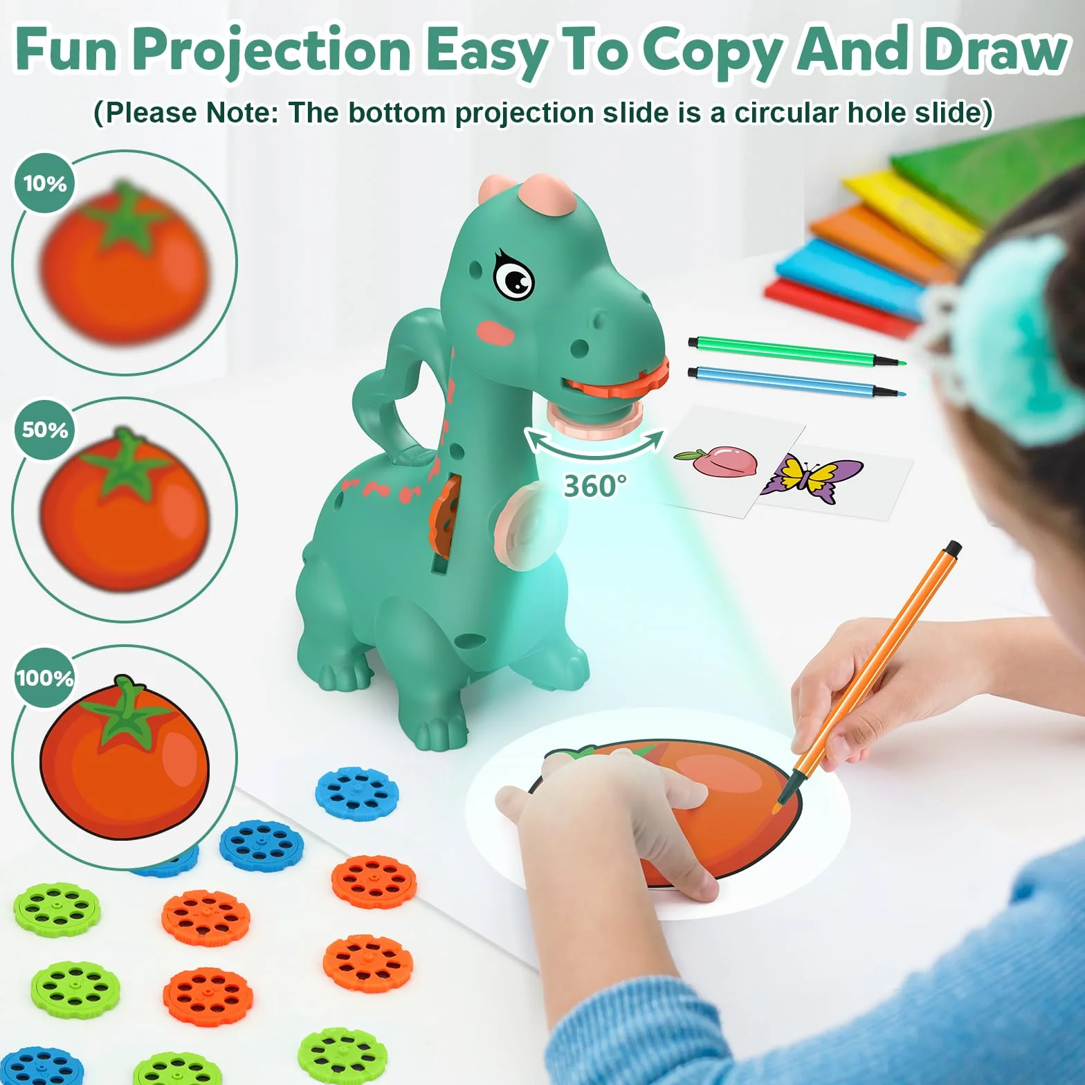 KETIEE Projektor rysunkowy dla dzieci, chłopców, dziewczynek, zabawka, projekcja i rysowanie, projektor 2 w 1, z 96 wzorami dinozaurów, prezenty dla 3, 4, 5, 6, 7 lat, magiczna tablica (zielony)