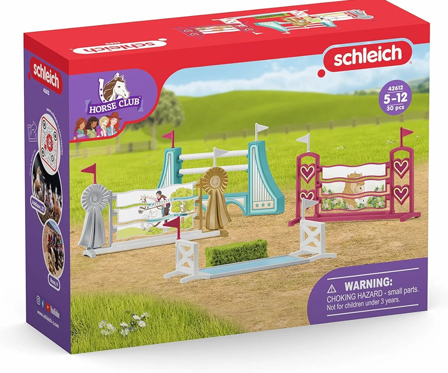 SCHLEICH HORSE CLUB, przeszkody – akcesoria 42612, możliwość modułowej rozbudowy, do zawodów lub treningu, prezent dla dziewczynek i chłopców, zabawka z końmi dla dzieci od 5 lat, zestaw 30 elementów