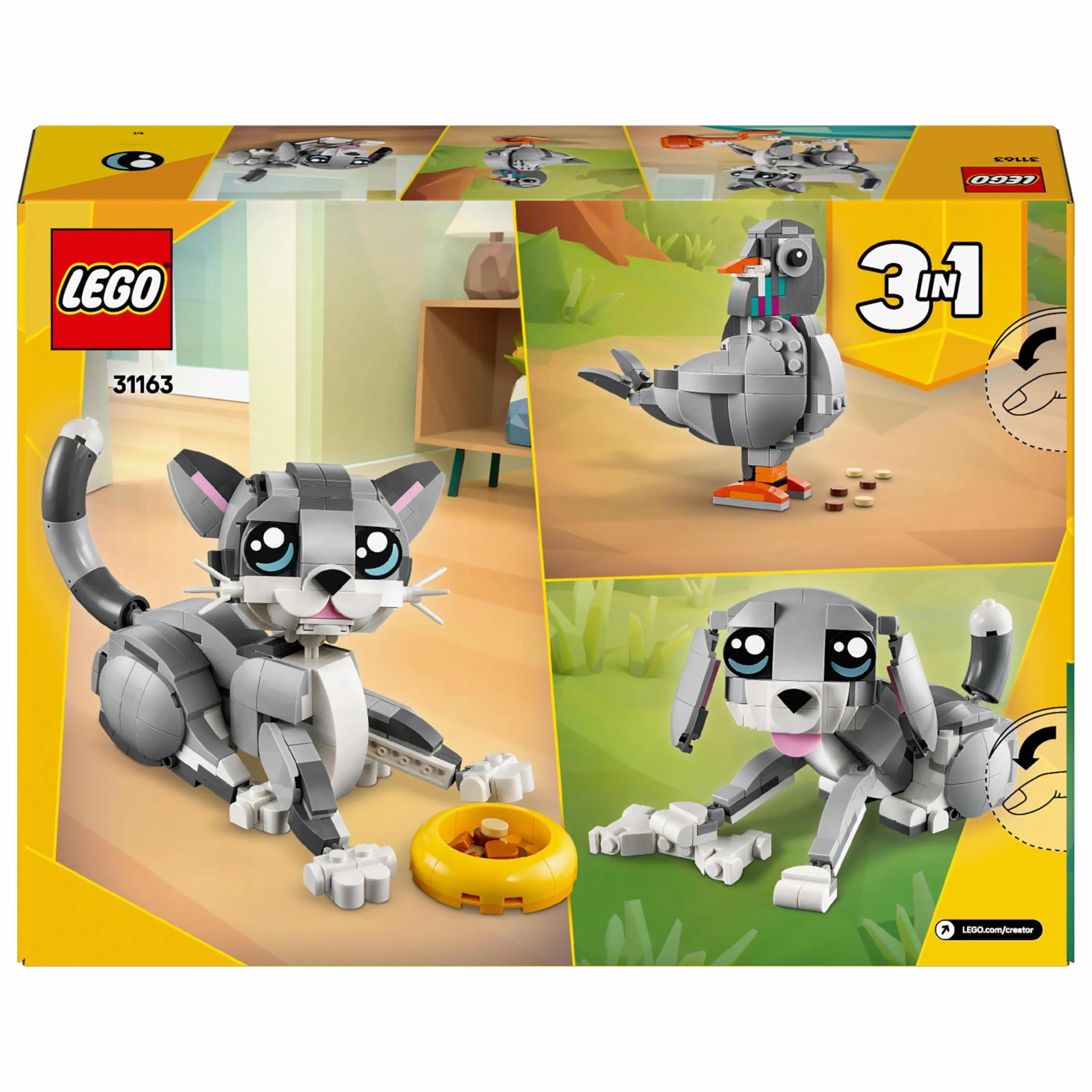 LEGO Creator 3 w 1 Psotny kot, Zabawka Konstrukcyjna dla Dziecka do Przebudowania na Figurki Zwierząt Psa lub Ptaka Gołębia, Pomysł na Kreatywny Prezent dla 8-latki, dla Dziewczynki i Chłopca 31163
