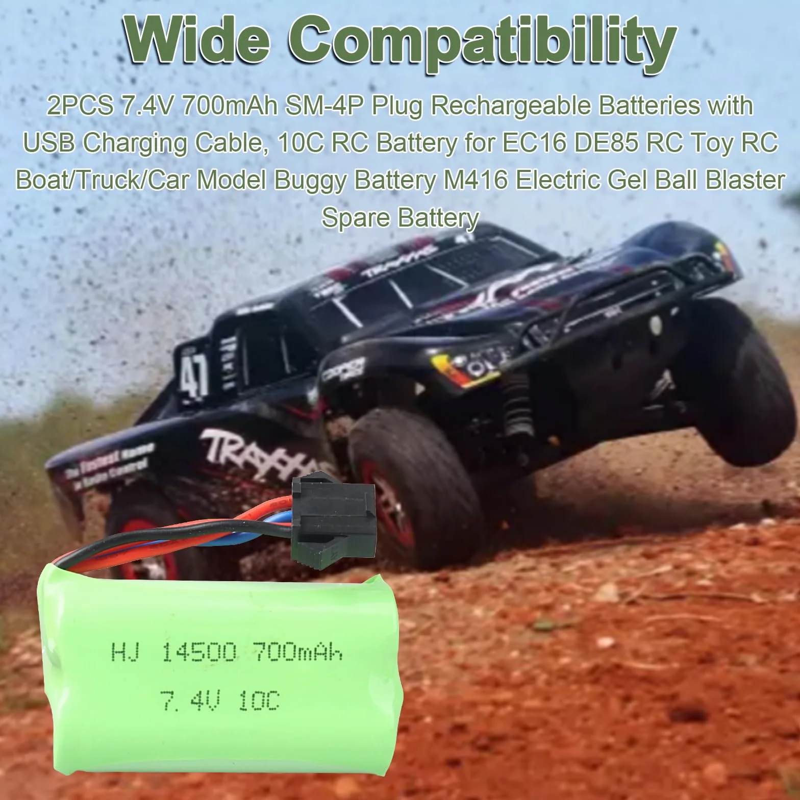 2 baterie repuesto DE 7,4 V y 700 mAh Conector SM-4P i kabel USB carga USB, baterie RC de 10 C para EC16 DE85, model Barco, camión o coche RC, Buggy M416, Gel eléctrico, Blaster.