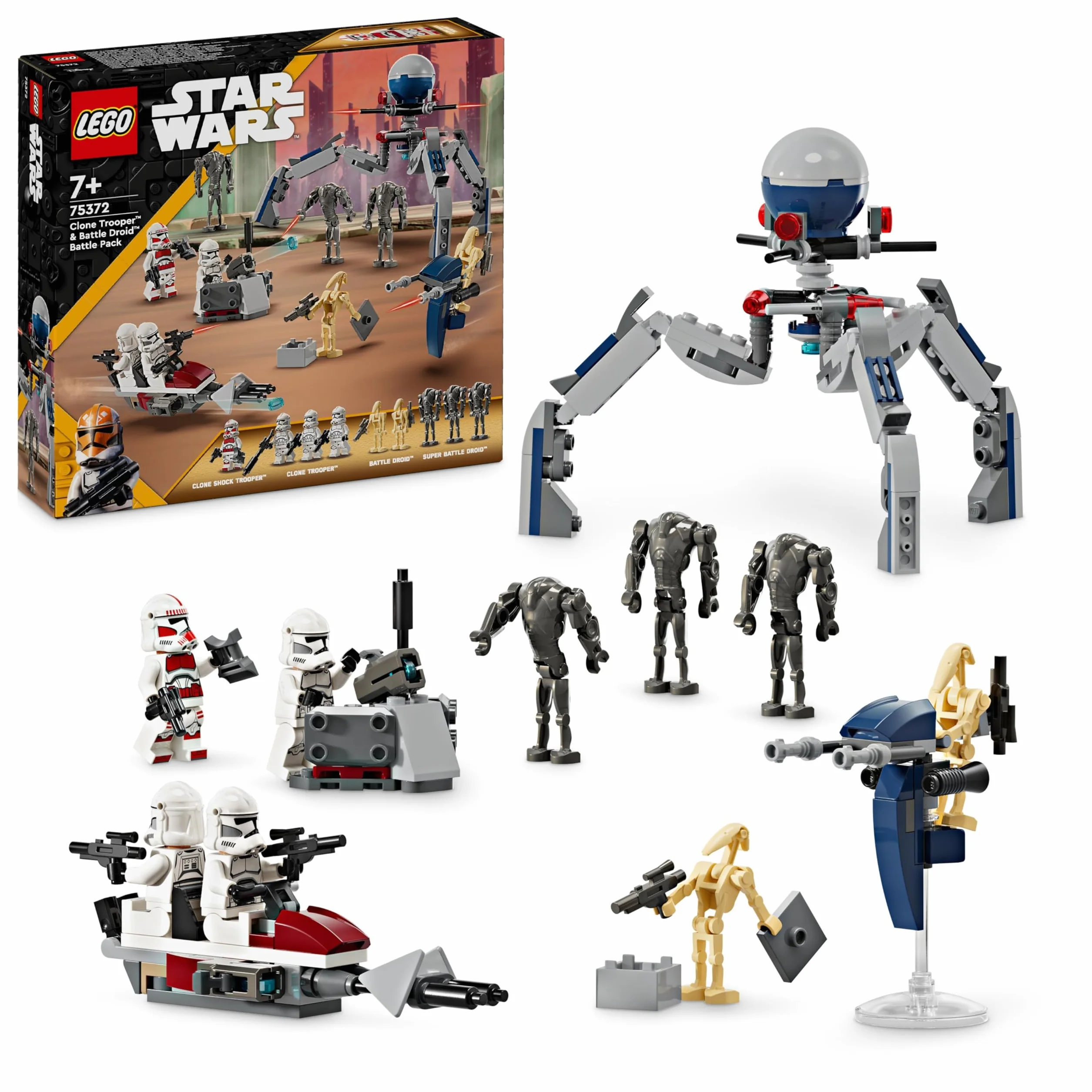 LEGO Star Wars Zestaw bitewny z żołnierzem armii klonów i droidem bojowym, Ścigacz i Tri-droid, Zabawka dla Dziecka i Fanów Gwiezdnych Wojen: Wojna Klonów, Prezent dla 7-latka, 75372