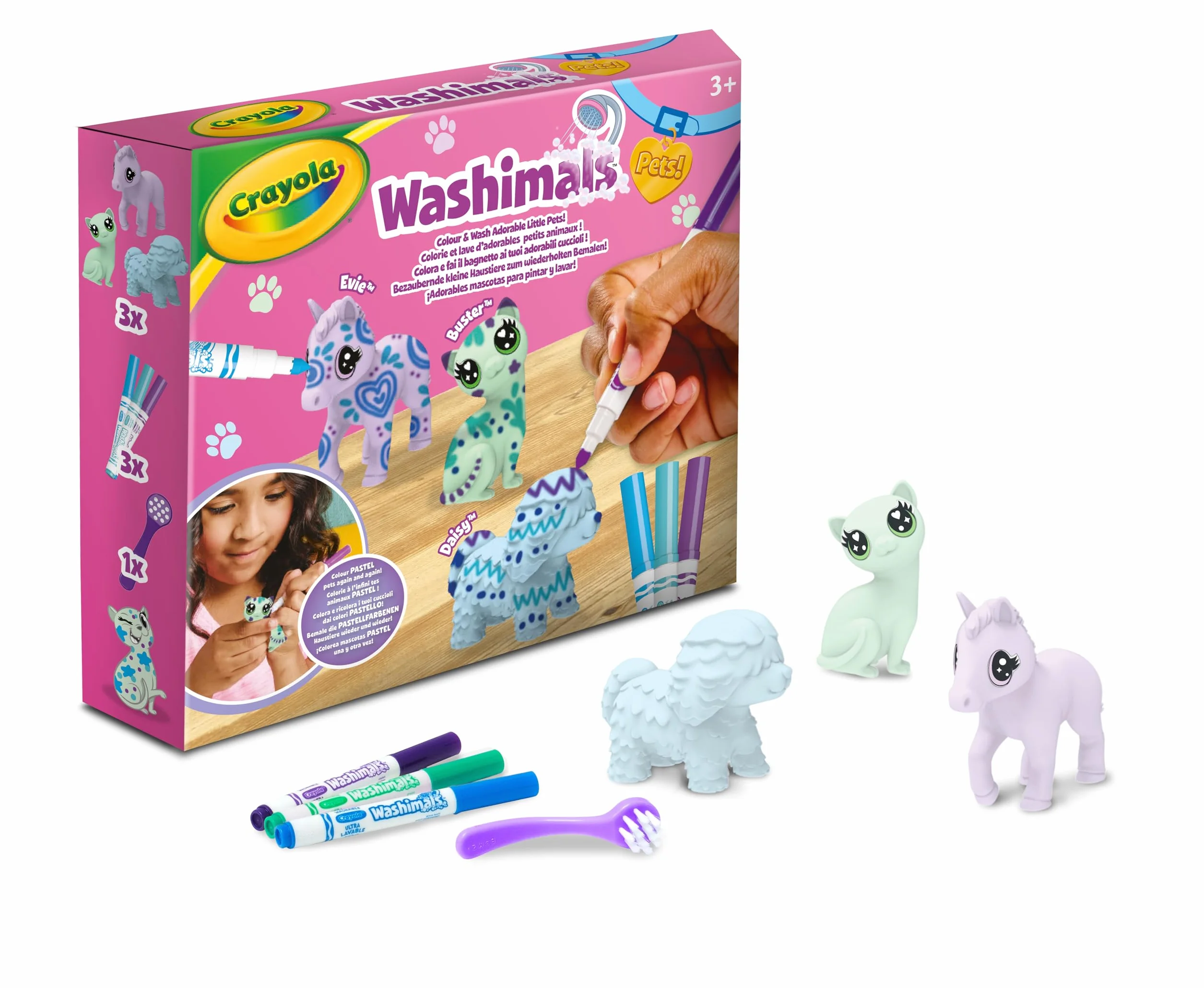 CRAYOLA Washimals Pastel Pets zestaw do napełniania z 3 szczeniakami, 3 zmywalne markery i szczoteczka, zabawka i prezent dla dzieci, od 3 lat, 74-7511