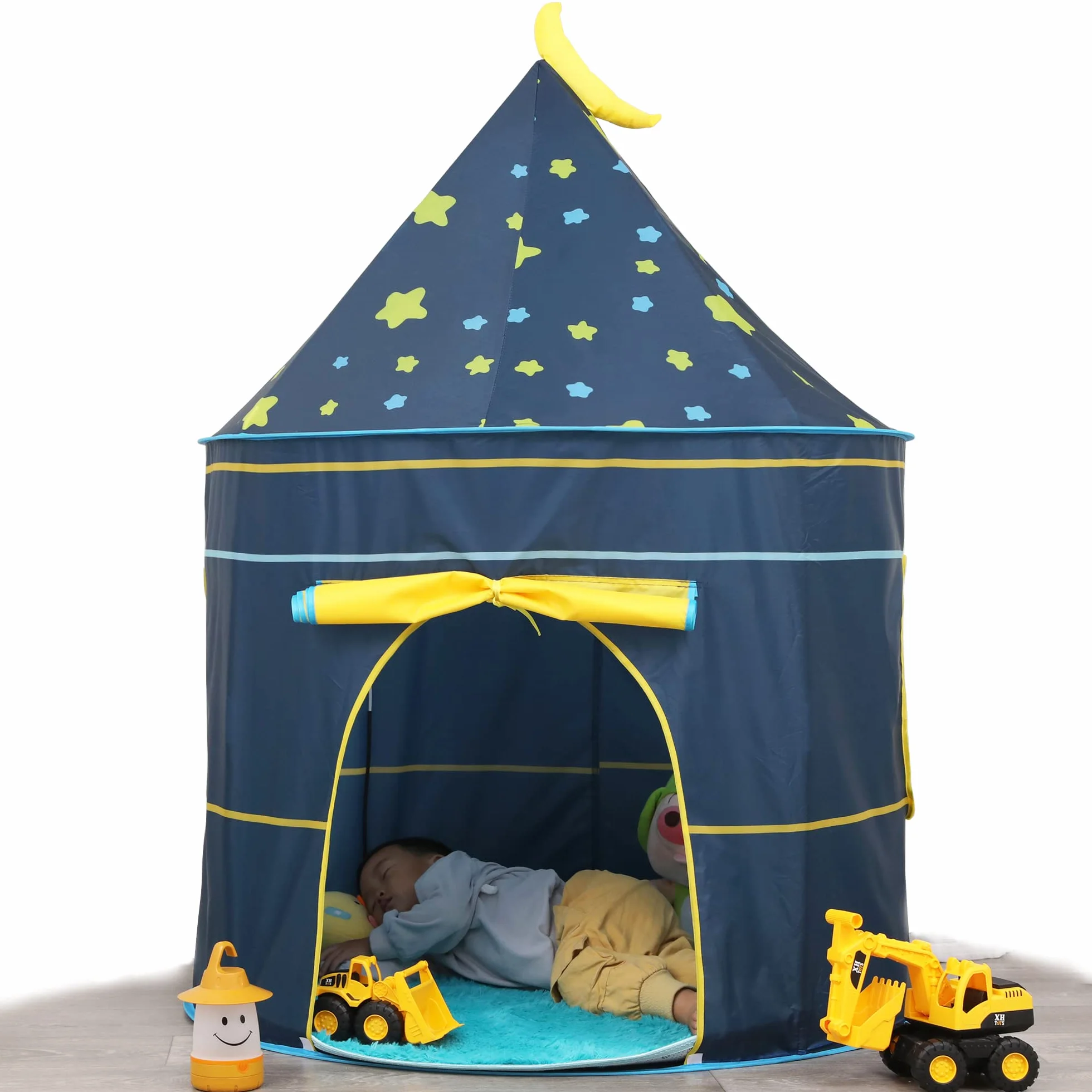 Namiot do zabawy dla dzieci, zamek dla dzieci, namiot Tipi Dream Castle, przenośny z błyszczącymi gwiazdami, wewnątrz i na zewnątrz, certyfikowany przez EN71, pomysł na prezent (niebieski księżycowy)