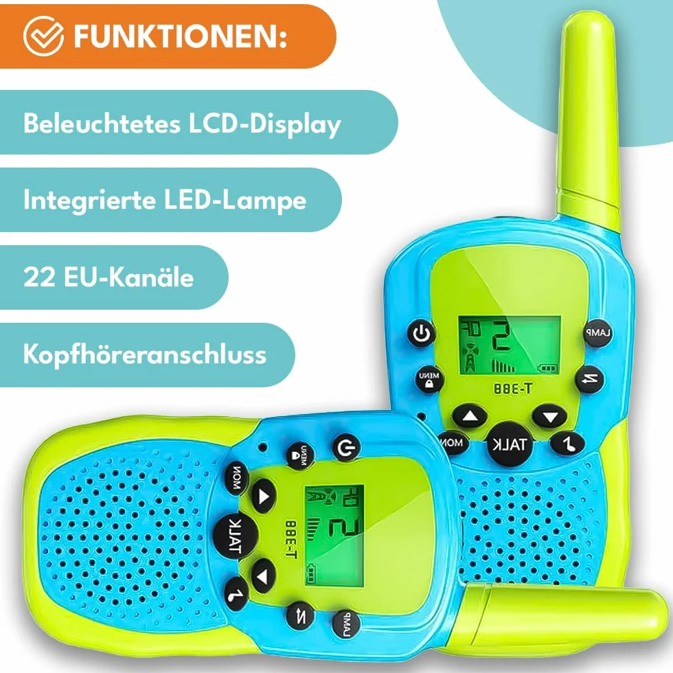 KRUMAD Walkie Talkie dla dzieci, zestaw 2 sztuk, zasięg do 3 km, 22 kanały, podświetlany ekran LCD, latarka LED, lekka i wytrzymała konstrukcja, idealne jako prezent dla chłopców i dziewczynek