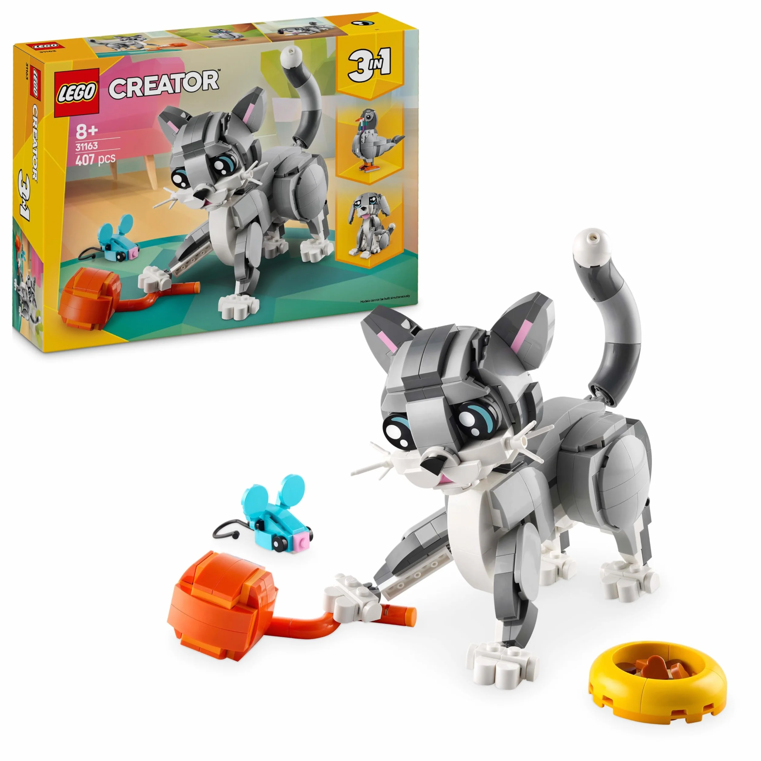 LEGO Creator 3 w 1 Psotny kot, Zabawka Konstrukcyjna dla Dziecka do Przebudowania na Figurki Zwierząt Psa lub Ptaka Gołębia, Pomysł na Kreatywny Prezent dla 8-latki, dla Dziewczynki i Chłopca 31163
