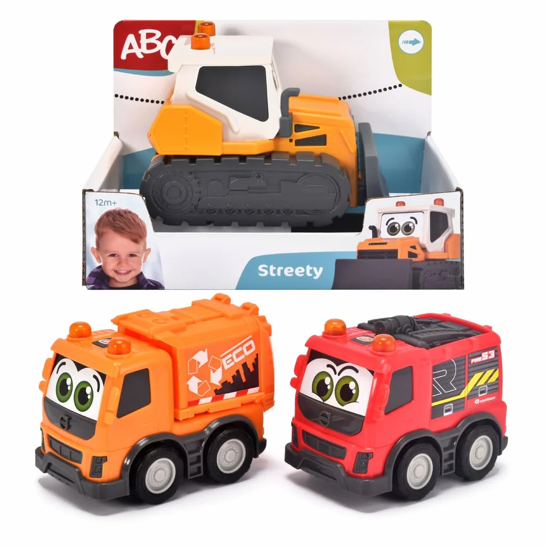 Dickie Toys ABC Streety 204112007 samochód przesuwny dla niemowląt i małych dzieci od 1 roku życia, buldożer, straż pożarna lub wywóz śmieci, 15 cm duży samochód zabawkowy, kolor pomarańczowy