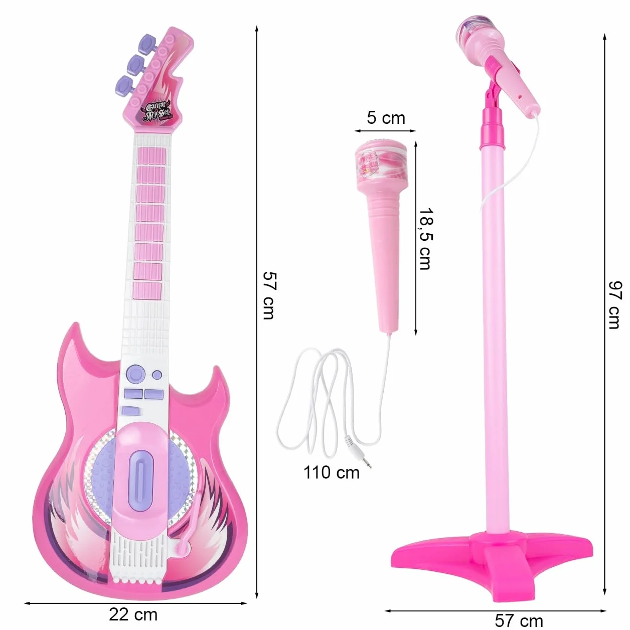 Malplay Zestaw gitarowy | elektryczna gitara rockowa + mikrofon na statyw | zabawka muzyczna | dzieci od 3 lat | muzycy, śpiewacy | stojak mikrofonowy z regulacją wysokości