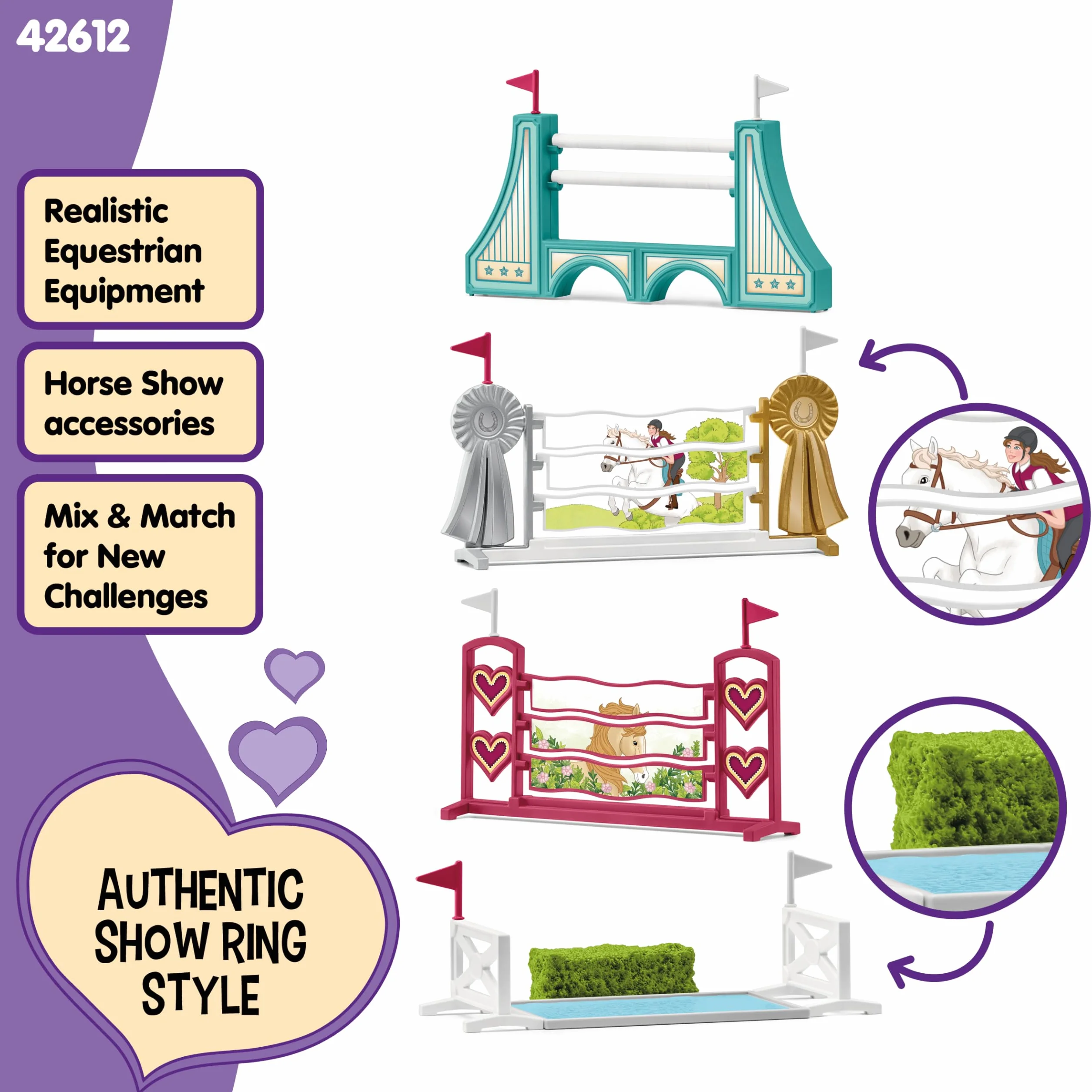 SCHLEICH HORSE CLUB, przeszkody – akcesoria 42612, możliwość modułowej rozbudowy, do zawodów lub treningu, prezent dla dziewczynek i chłopców, zabawka z końmi dla dzieci od 5 lat, zestaw 30 elementów