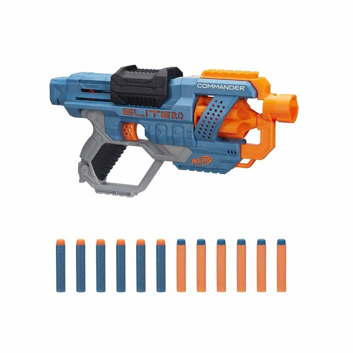Wyrzutnia Nerf Elite 2.0 Commander RD-6, 12 oryginalnych strzałek Nerf, 6-strzałkowy magazynek obrotowy, szyny na akcesoria, miejsca mocowania lufy i kolby.