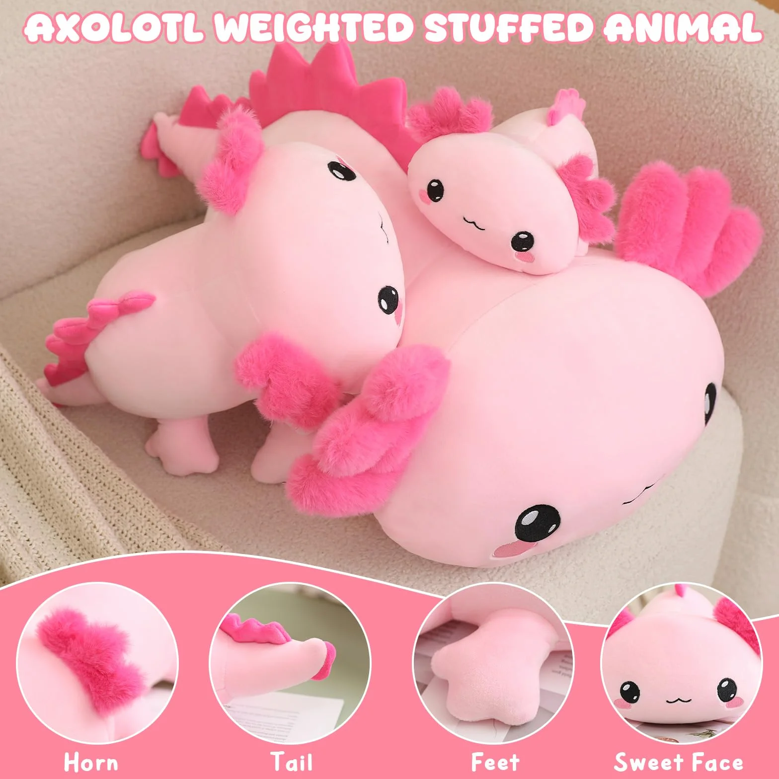 Xfrog Pluszowa zabawka Axolotl, duża pluszowa zabawka przeciw lękom, różowa zabawka materiałowa Axolotl, słodka poduszka do przytulania dla chłopców, dziewcząt, przyjaciółek, 25 cm
