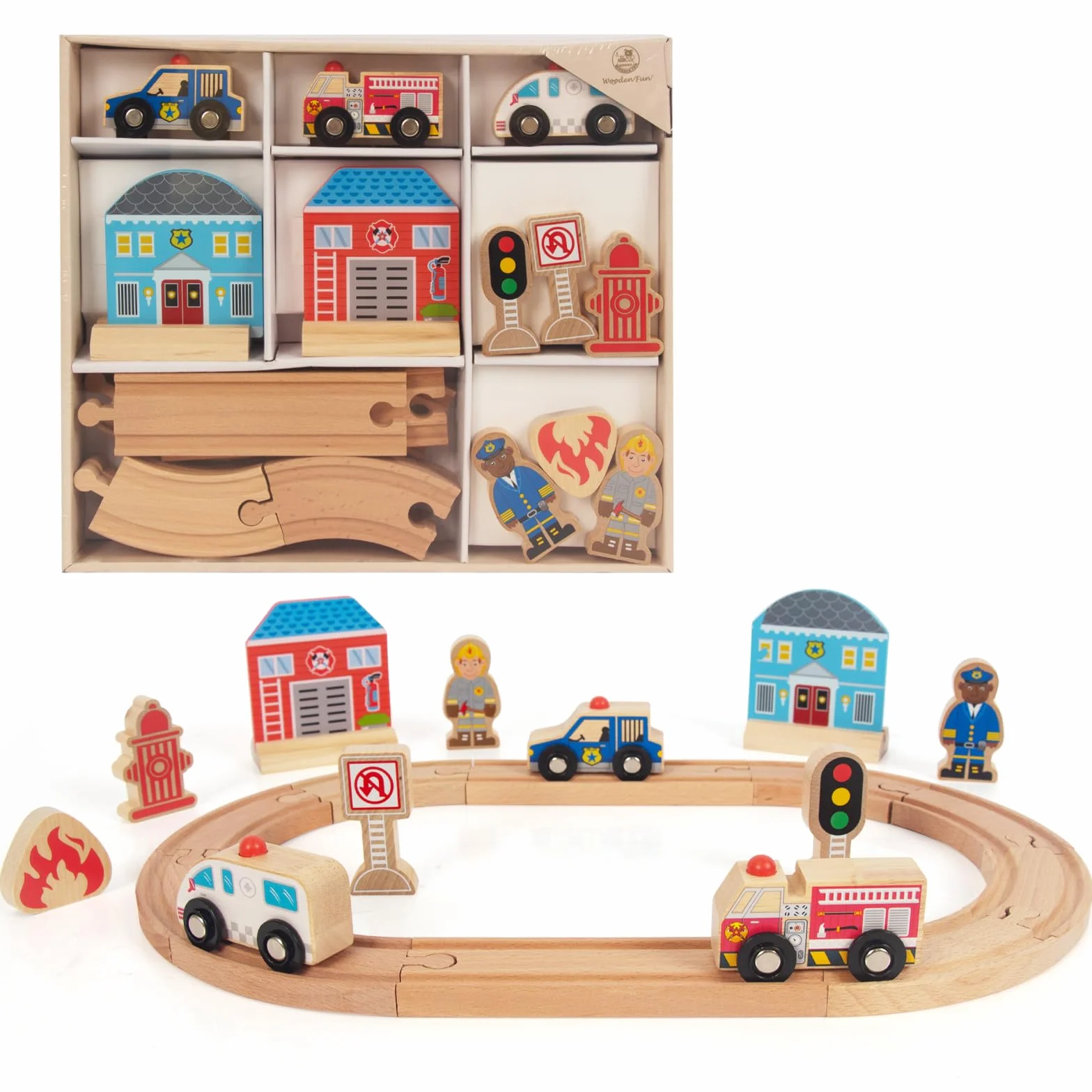 WoodenFun Zestaw drewnianych wózków na szynę, rolnictwo, zdrowie miejskie, zabawka dla dzieci, na 3, 4, 5 lat (policja)