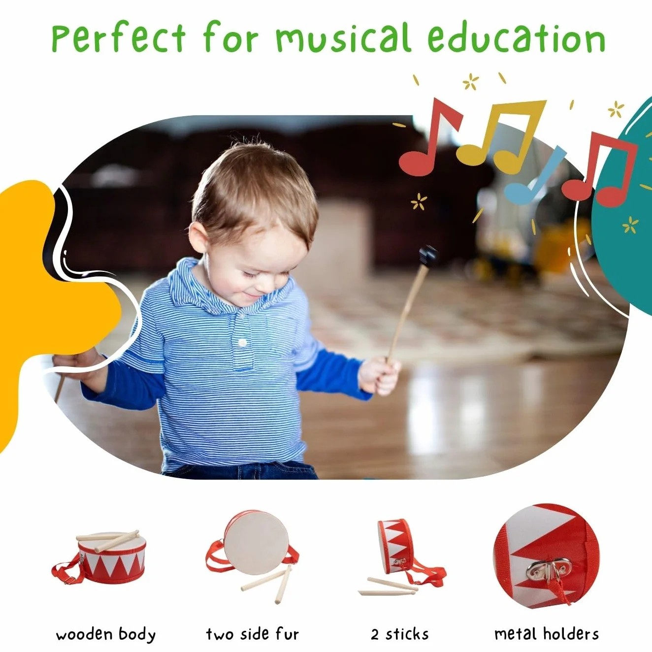 Czerwono-biały bęben dziecięcy - drewniany instrument muzyczny z paskiem na ramię i pałeczkami - D: 20 cm - 3845r